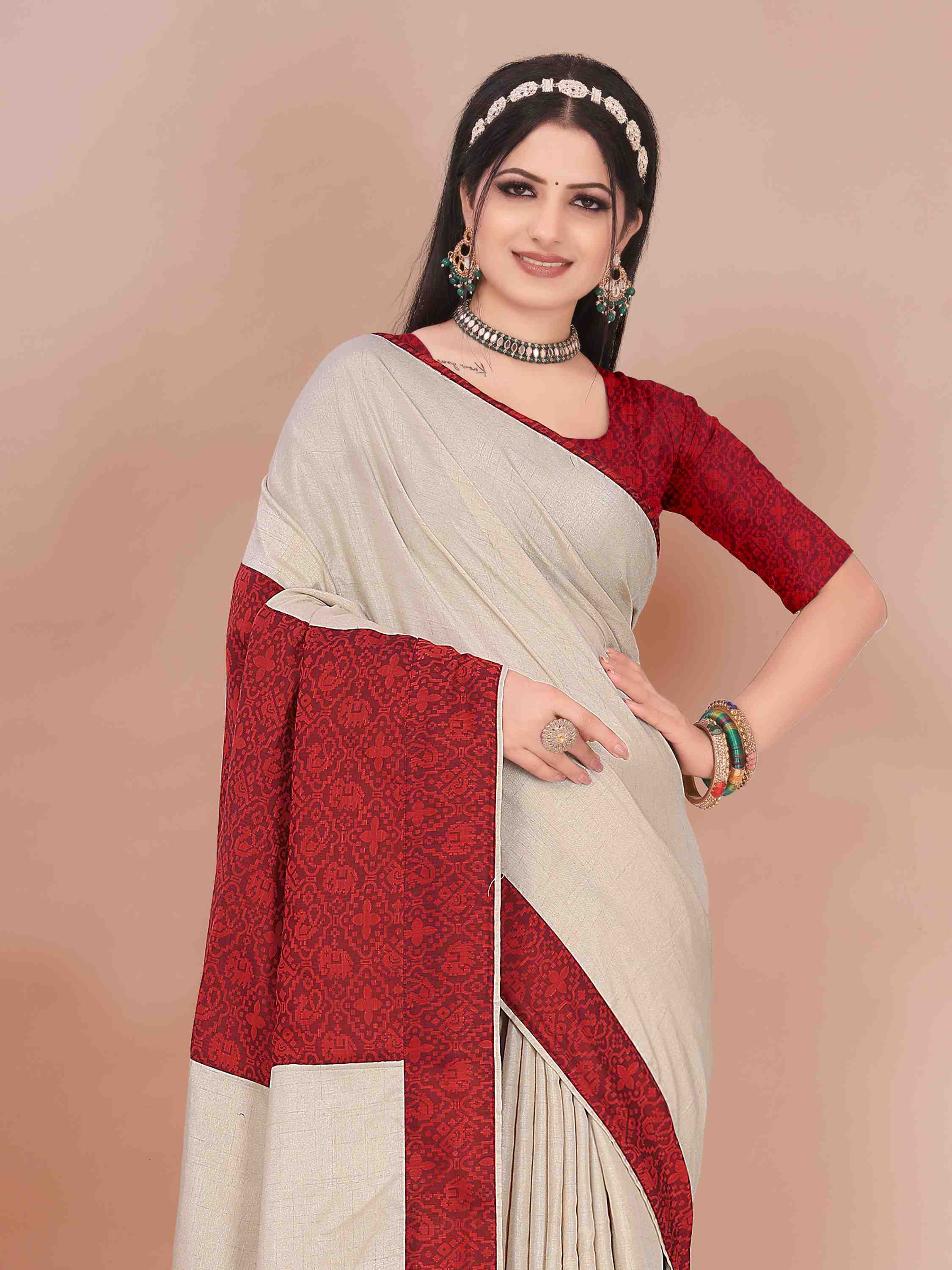 BEIGE ART SILK SAREE WITH RED PATOLA WEAVED BORDER