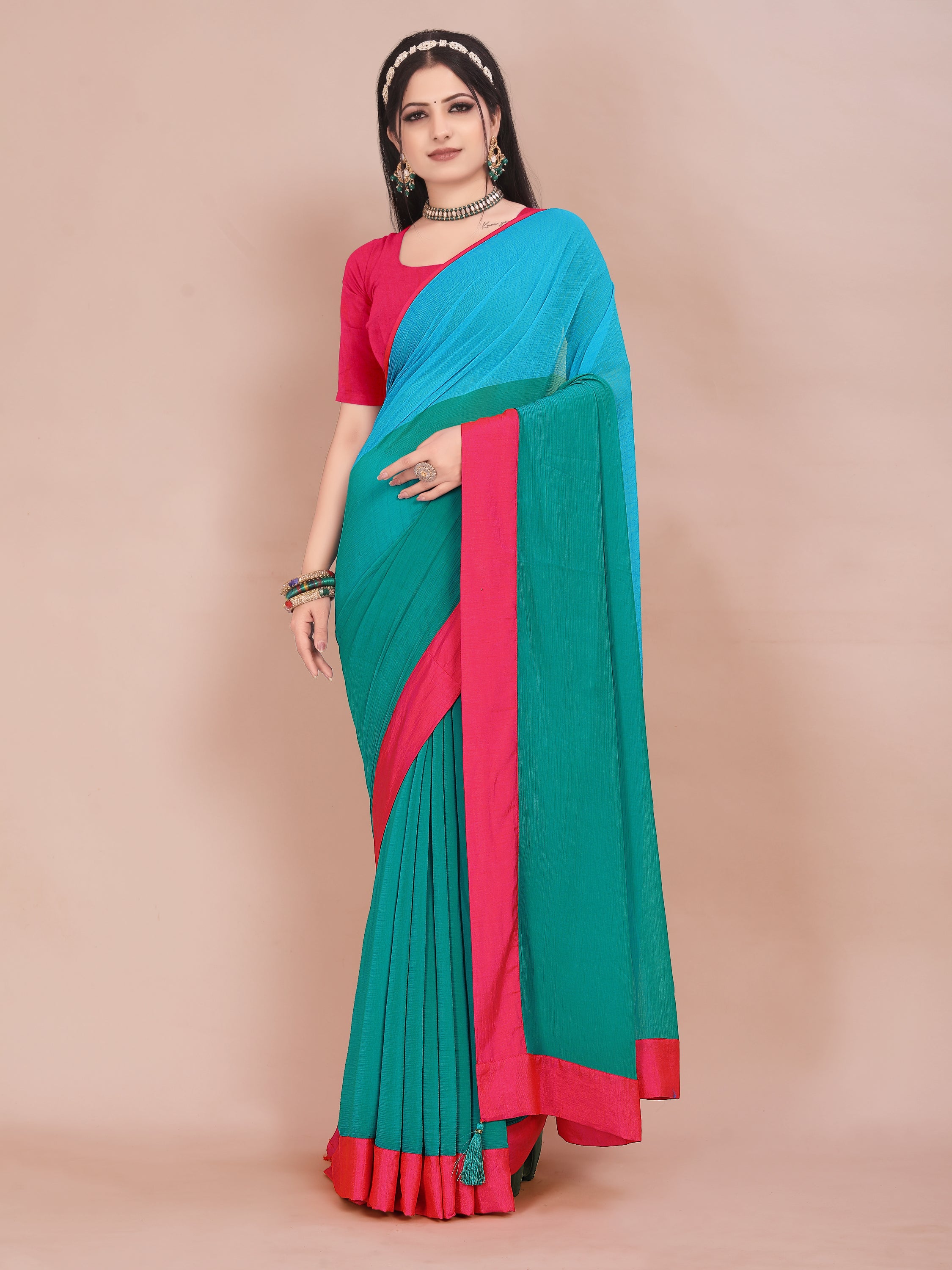 BLUE AND PINK COLOR-BLOCKED CHIFFON SAREE