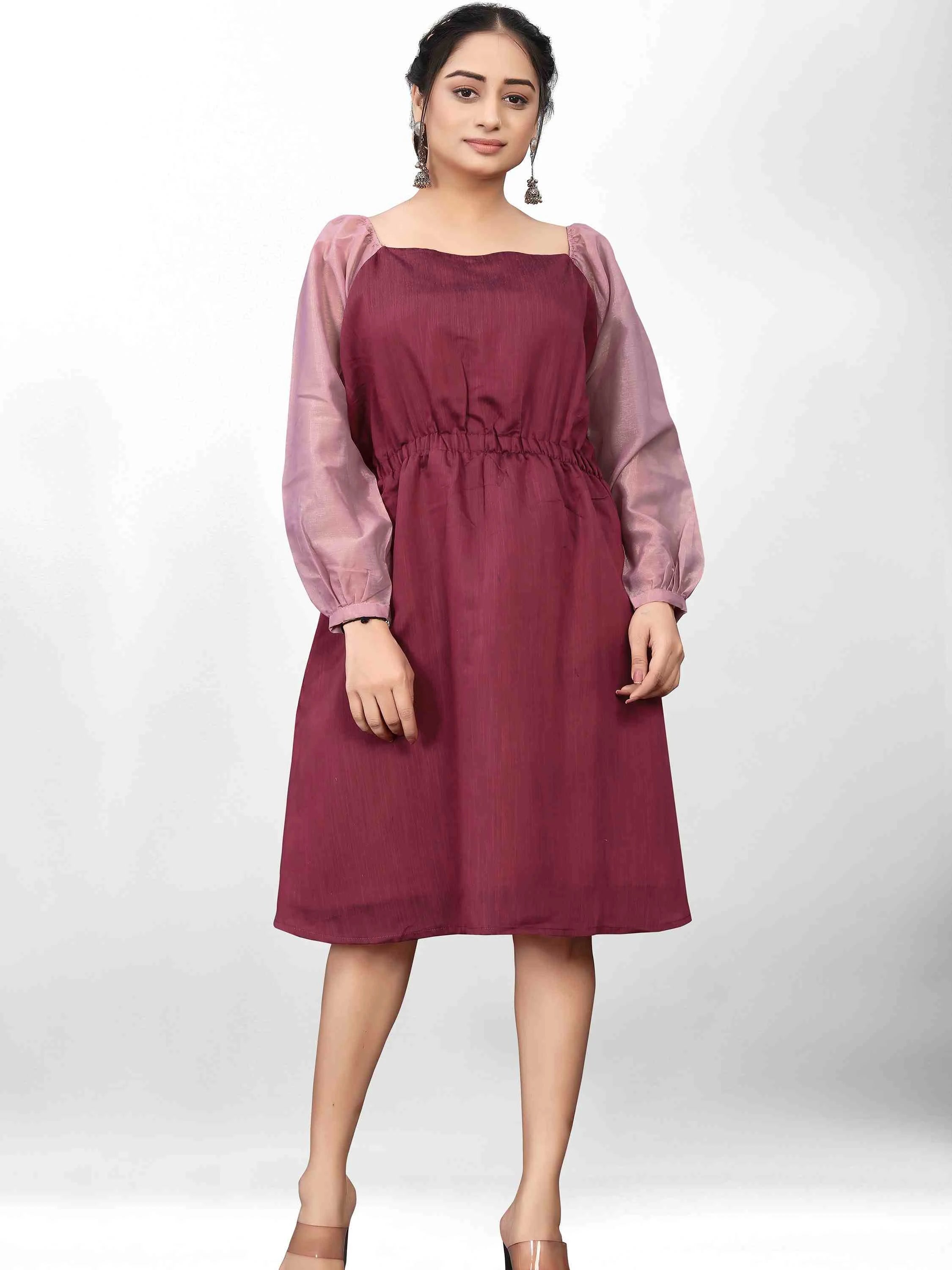 WINE COTTON BLEND FIT AND FLARE DRESS