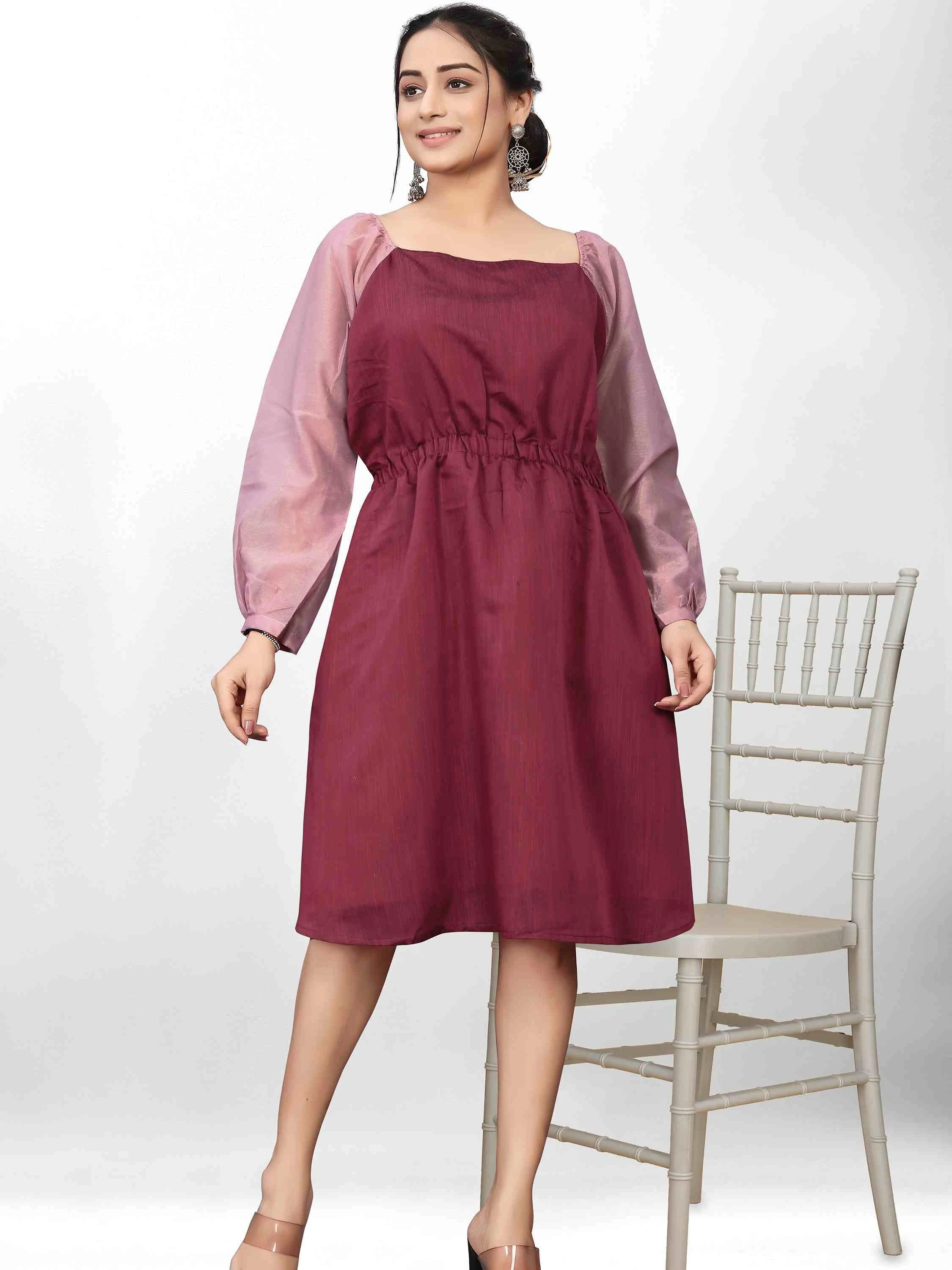 WINE COTTON BLEND FIT AND FLARE DRESS