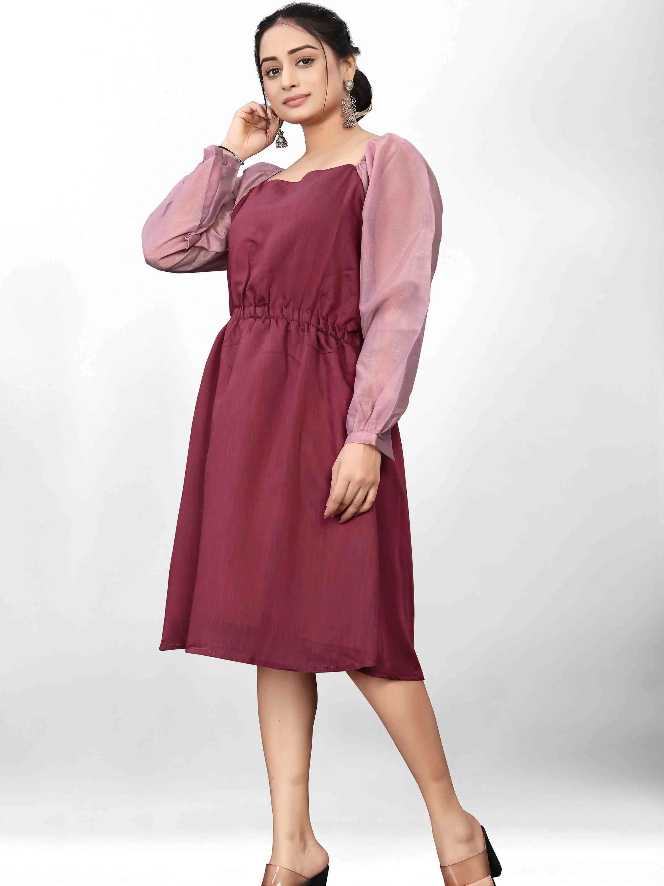 WINE COTTON BLEND FIT AND FLARE DRESS