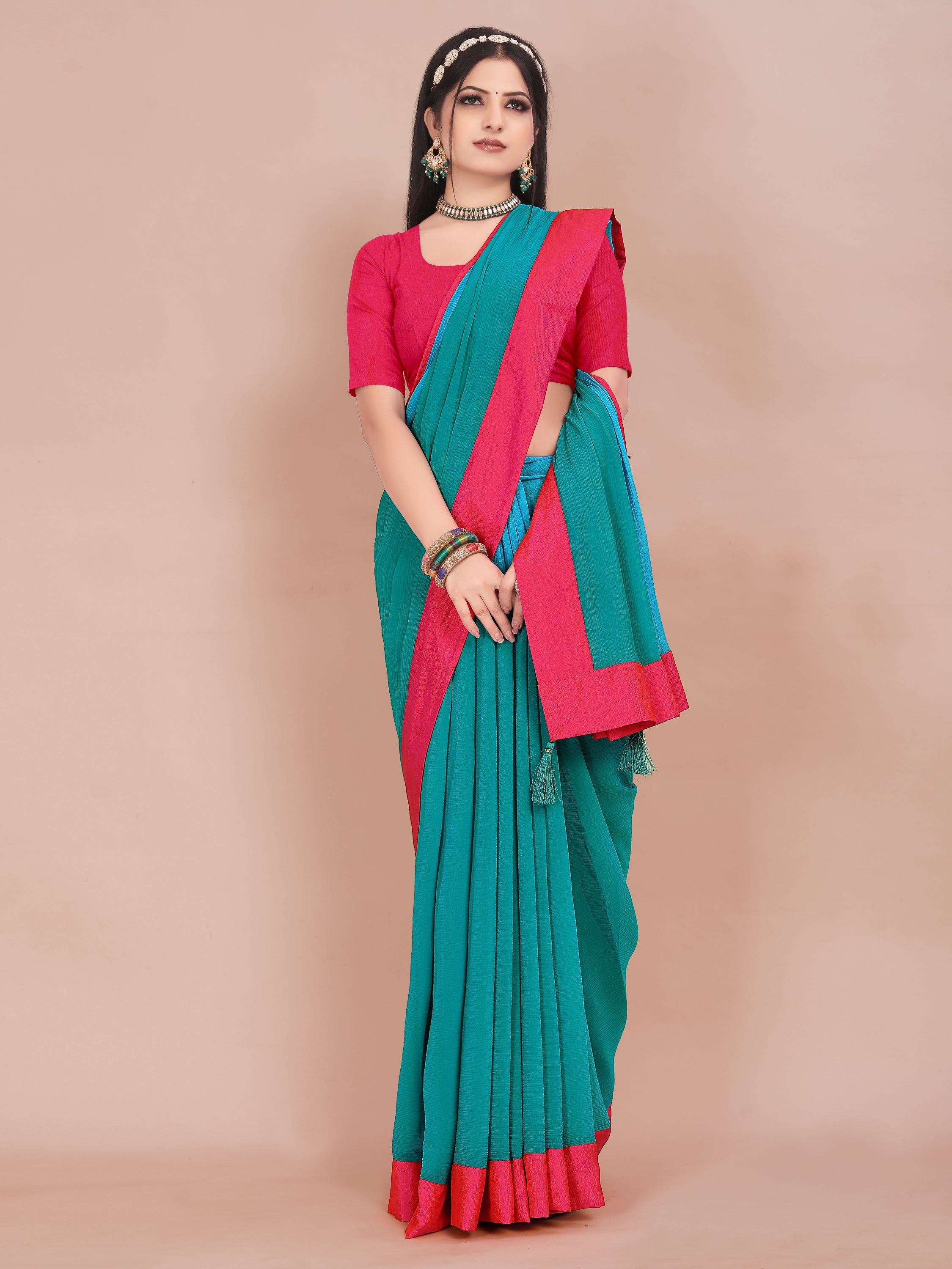 BLUE AND PINK COLOR-BLOCKED CHIFFON SAREE