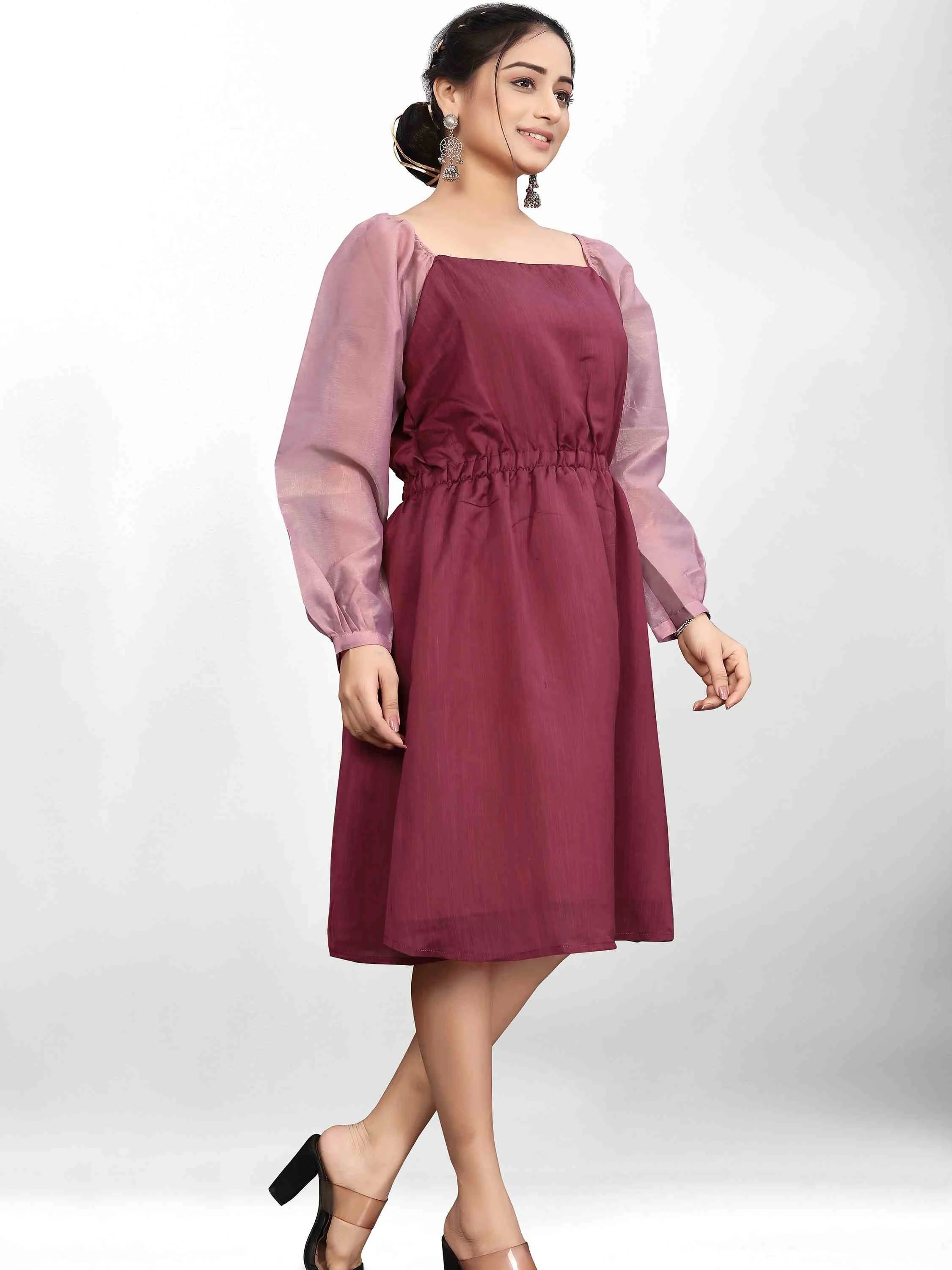 WINE COTTON BLEND FIT AND FLARE DRESS