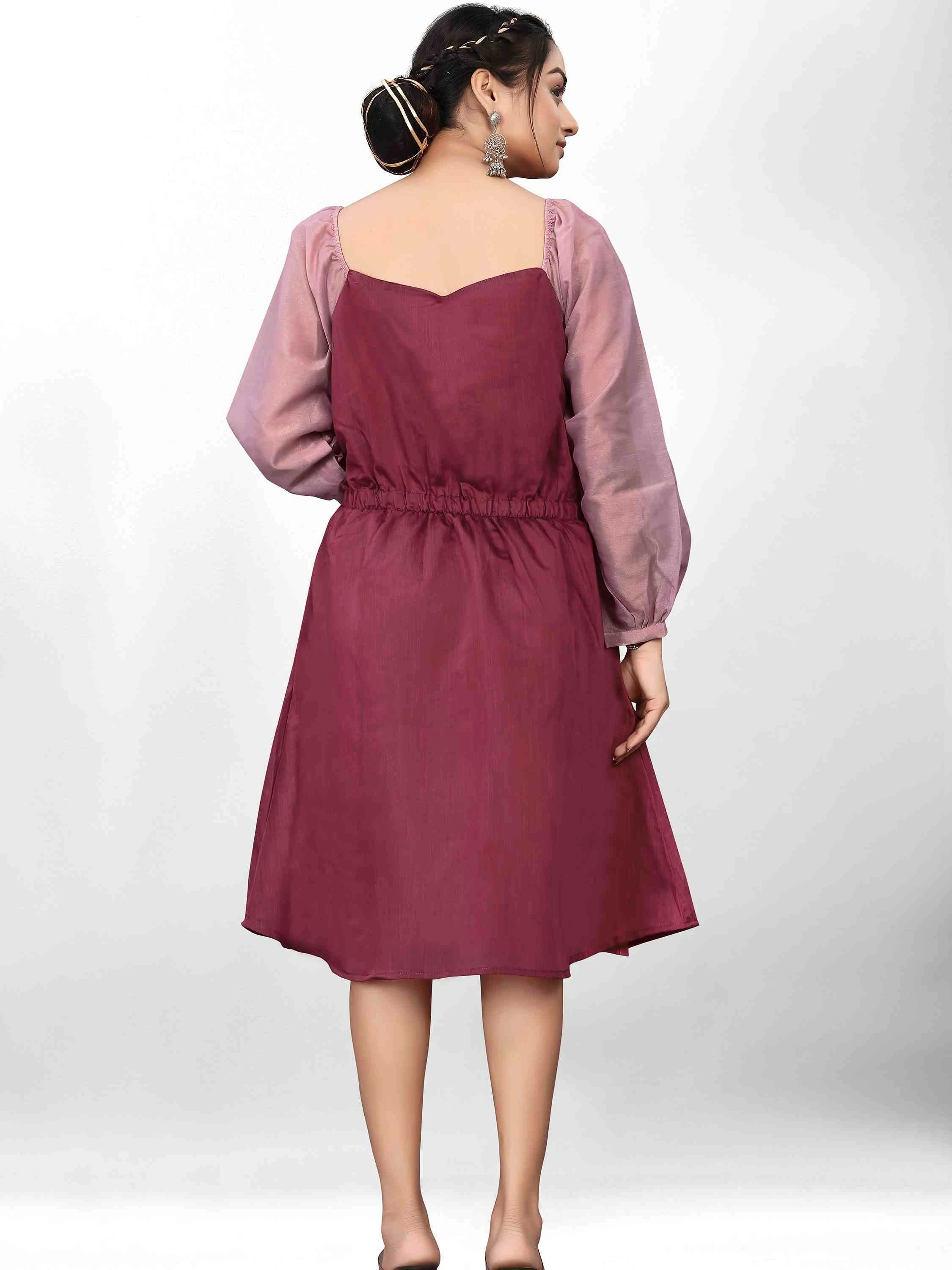 WINE COTTON BLEND FIT AND FLARE DRESS