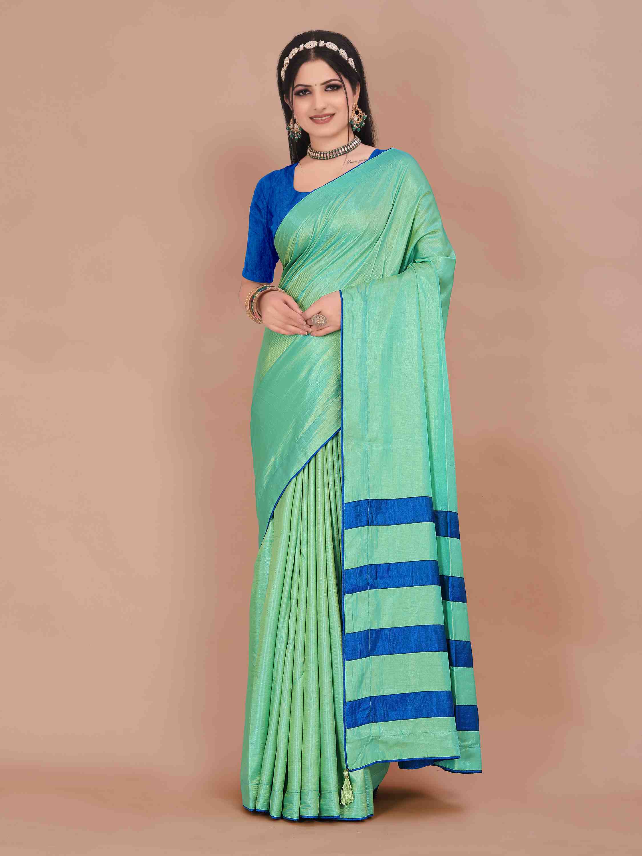 TURQUOISE ART SILK SAREE WITH BLUE BORDER