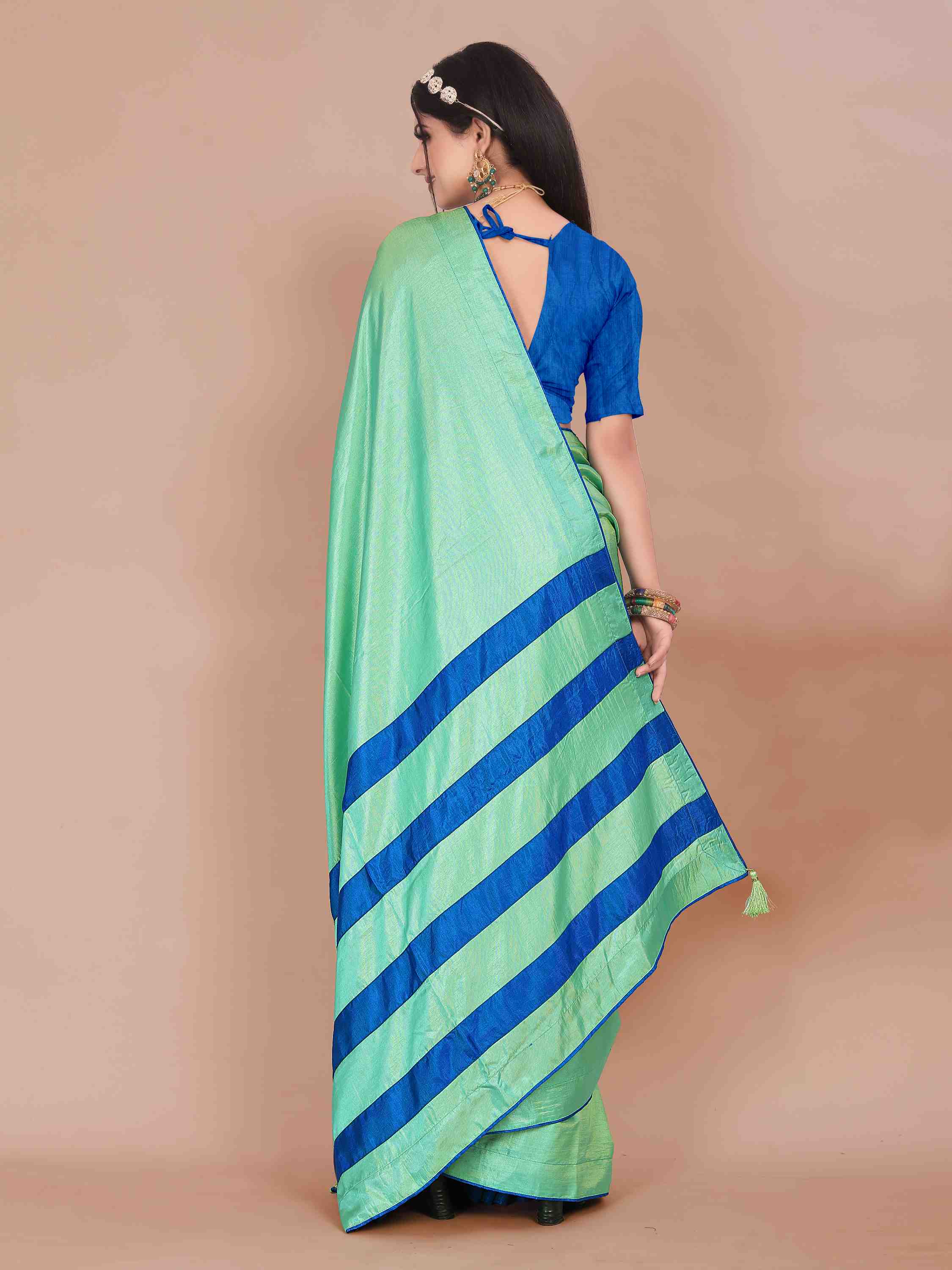 TURQUOISE ART SILK SAREE WITH BLUE BORDER