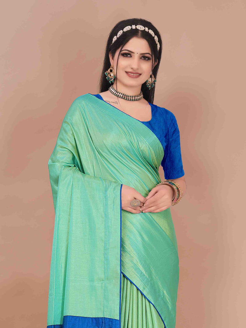 TURQUOISE ART SILK SAREE WITH BLUE BORDER