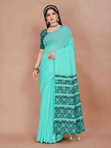 BLUE ART LINEN SAREE WITH PRINTED PALLU