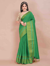 GREEN LINEN BLEND SAREE WITH ZARI BORDER