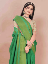 GREEN LINEN BLEND SAREE WITH ZARI BORDER