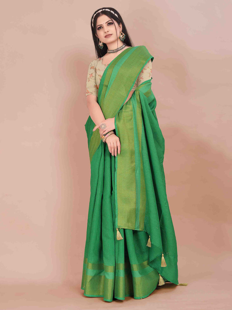 GREEN LINEN BLEND SAREE WITH ZARI BORDER