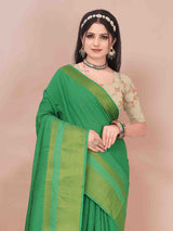 GREEN LINEN BLEND SAREE WITH ZARI BORDER