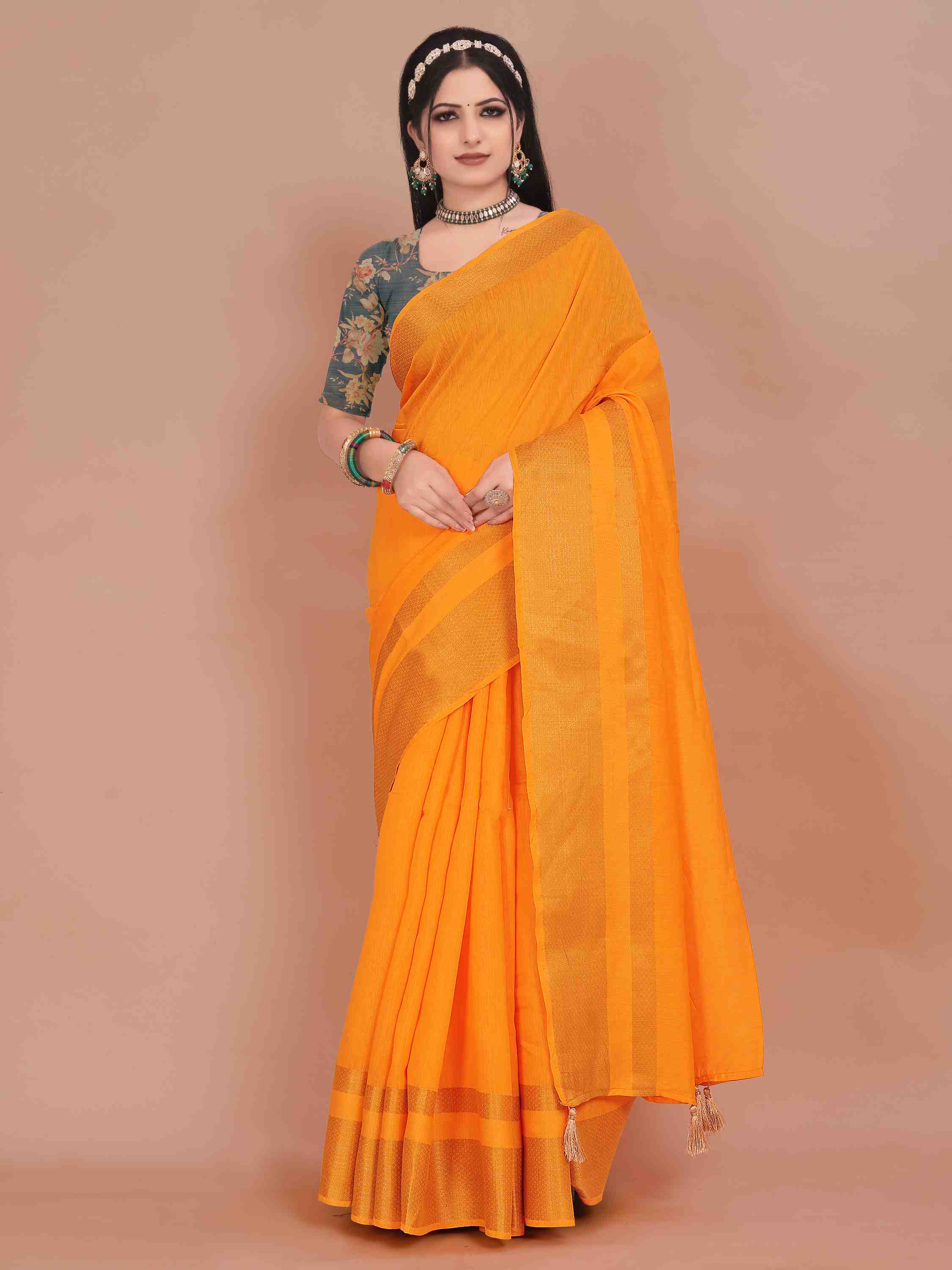 MUSTARD LINEN BLEND SAREE WITH ZARI BORDER