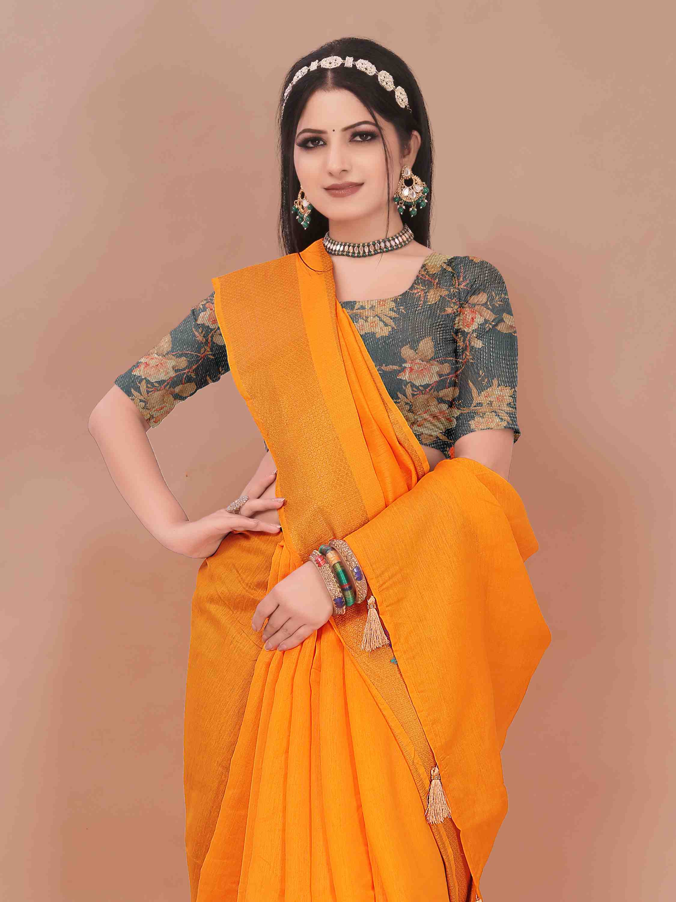 MUSTARD LINEN BLEND SAREE WITH ZARI BORDER