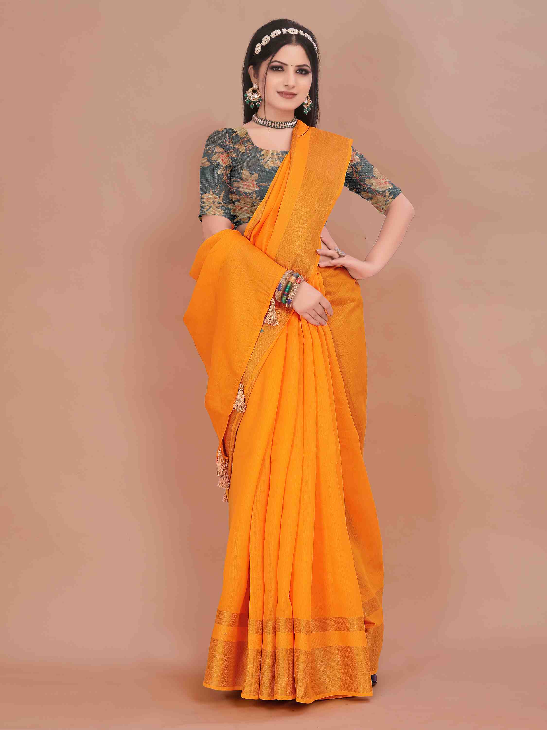 MUSTARD LINEN BLEND SAREE WITH ZARI BORDER