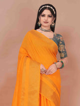 MUSTARD LINEN BLEND SAREE WITH ZARI BORDER