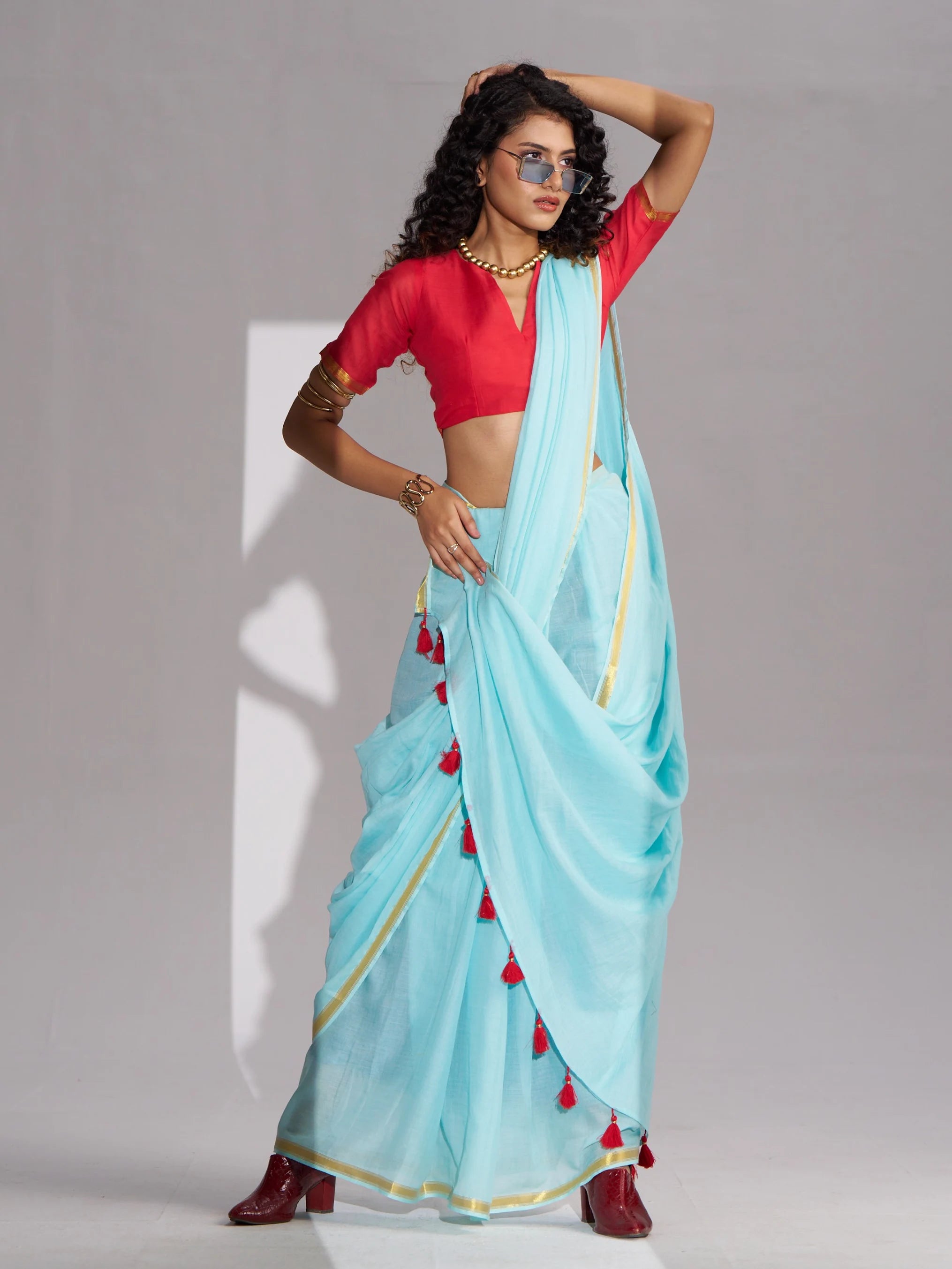 VISCOSE MUL LIVA SOLID SAREE WITH BLOUSE