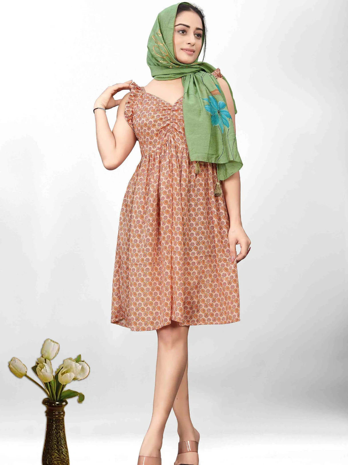 PEACH CREPE PRINTED FIT & FLARE DRESS