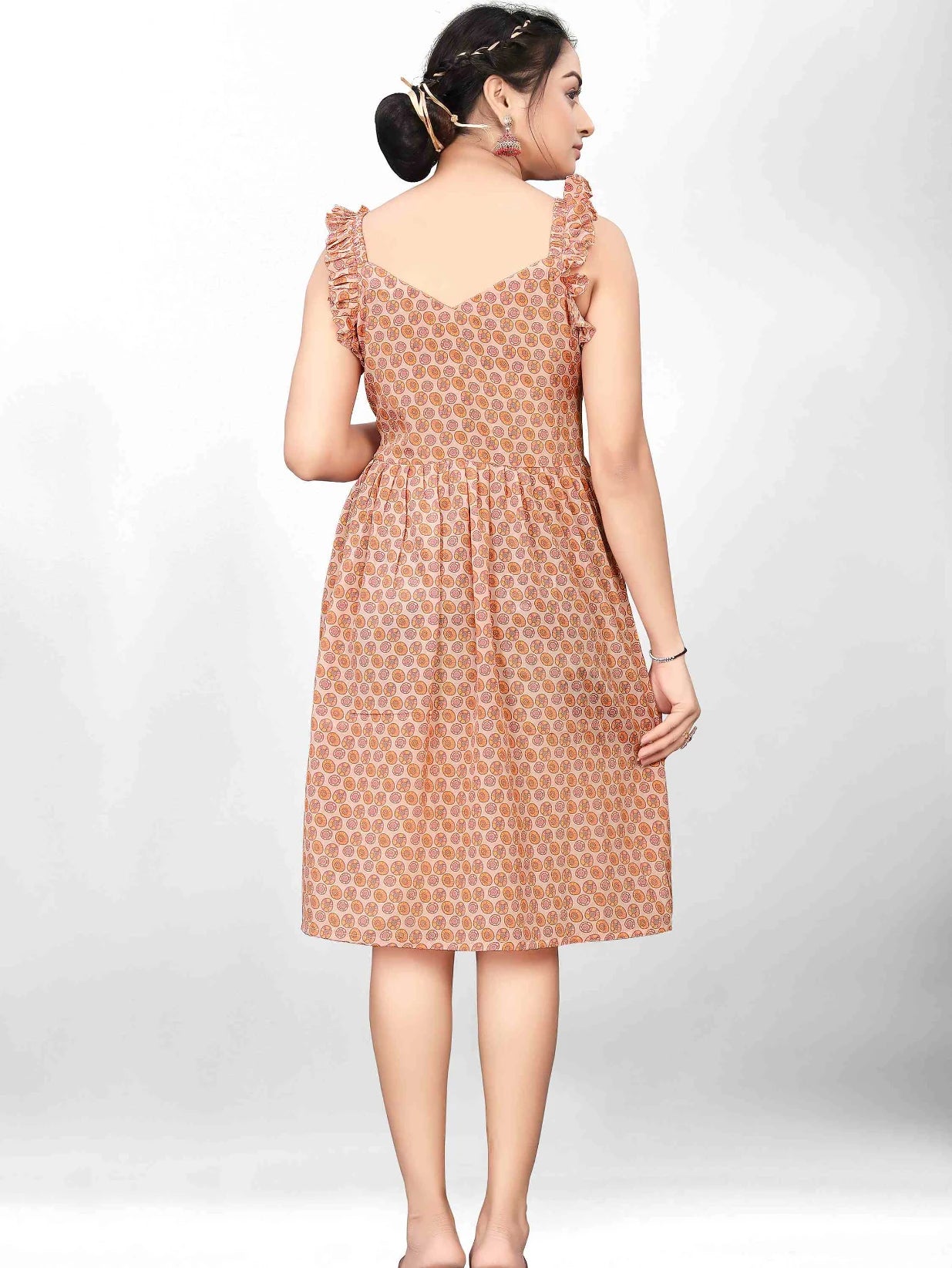 PEACH CREPE PRINTED FIT & FLARE DRESS