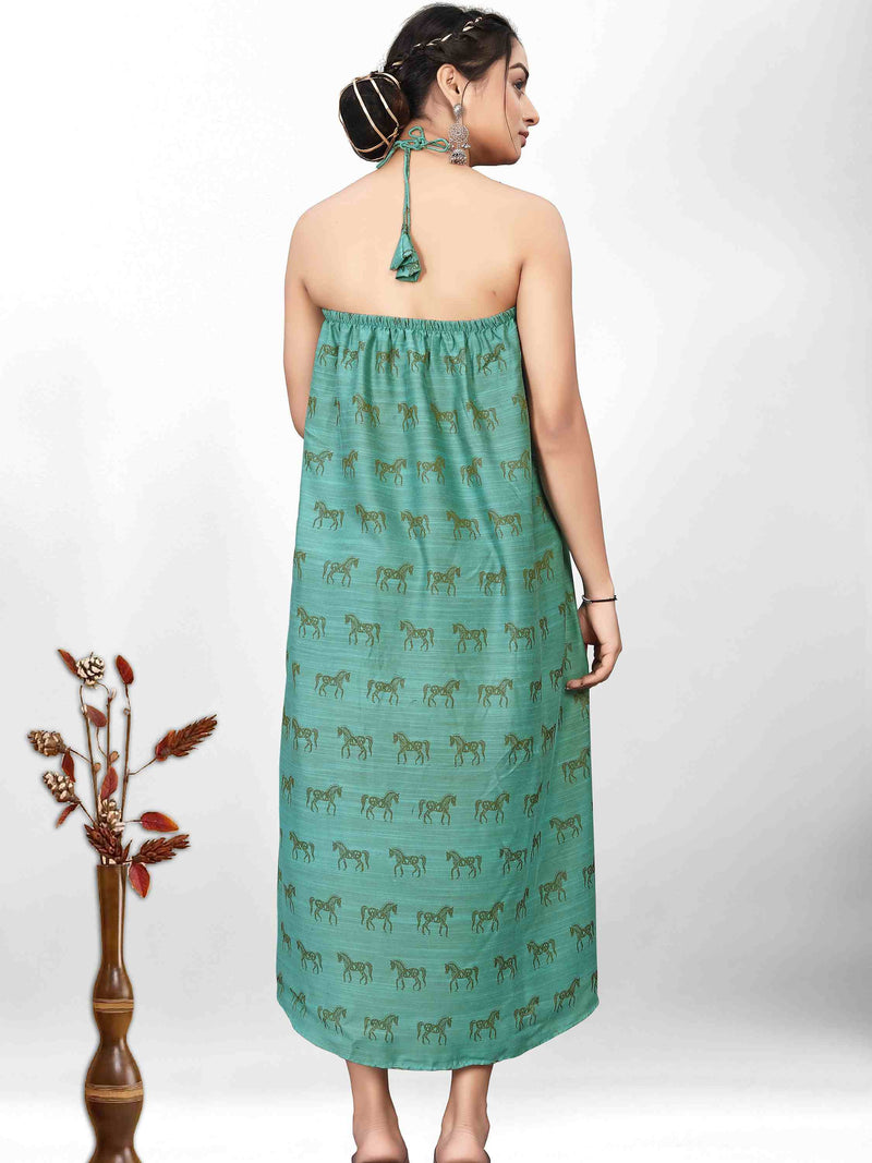 TURQUOISE NECK TIE-UP BACKLESS DRESS