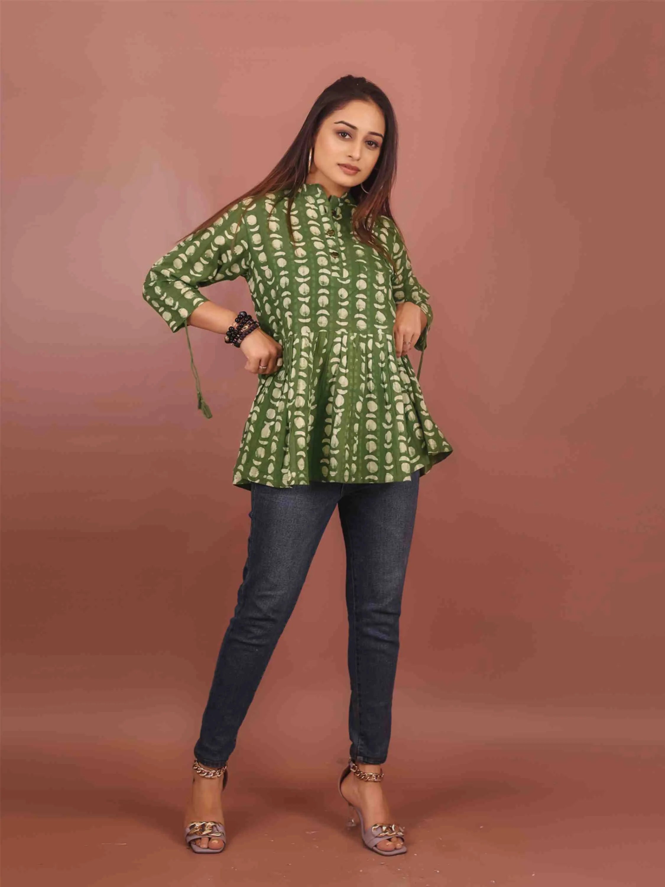 GREEN VISCOSE HAND BATIK PRINTED TOP