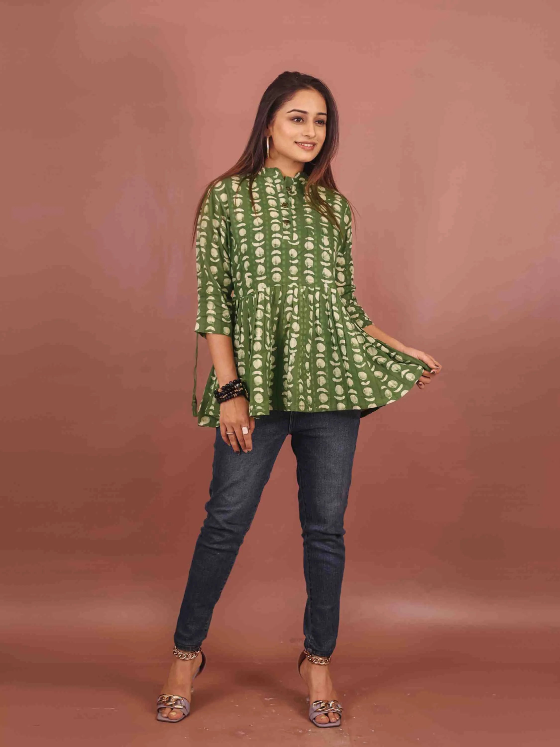 GREEN VISCOSE HAND BATIK PRINTED TOP