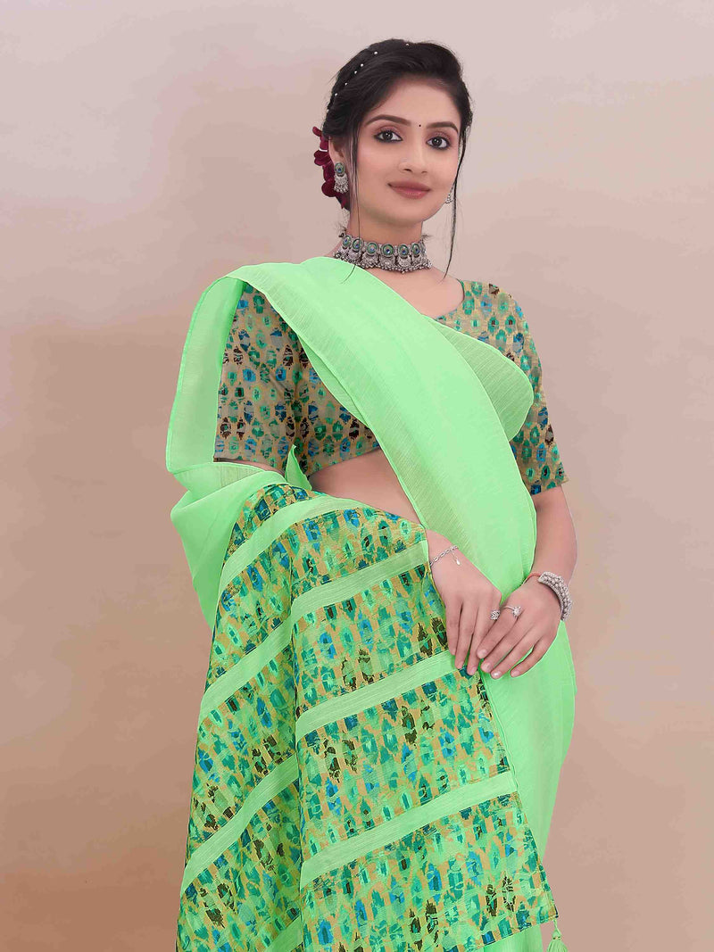 GREEN ART LINEN SAREE WITH PRINTED PALLU