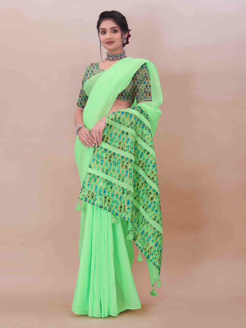 GREEN ART LINEN SAREE WITH PRINTED PALLU