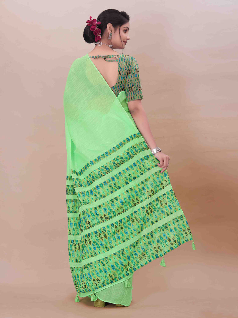 GREEN ART LINEN SAREE WITH PRINTED PALLU