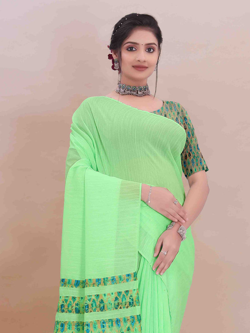 GREEN ART LINEN SAREE WITH PRINTED PALLU