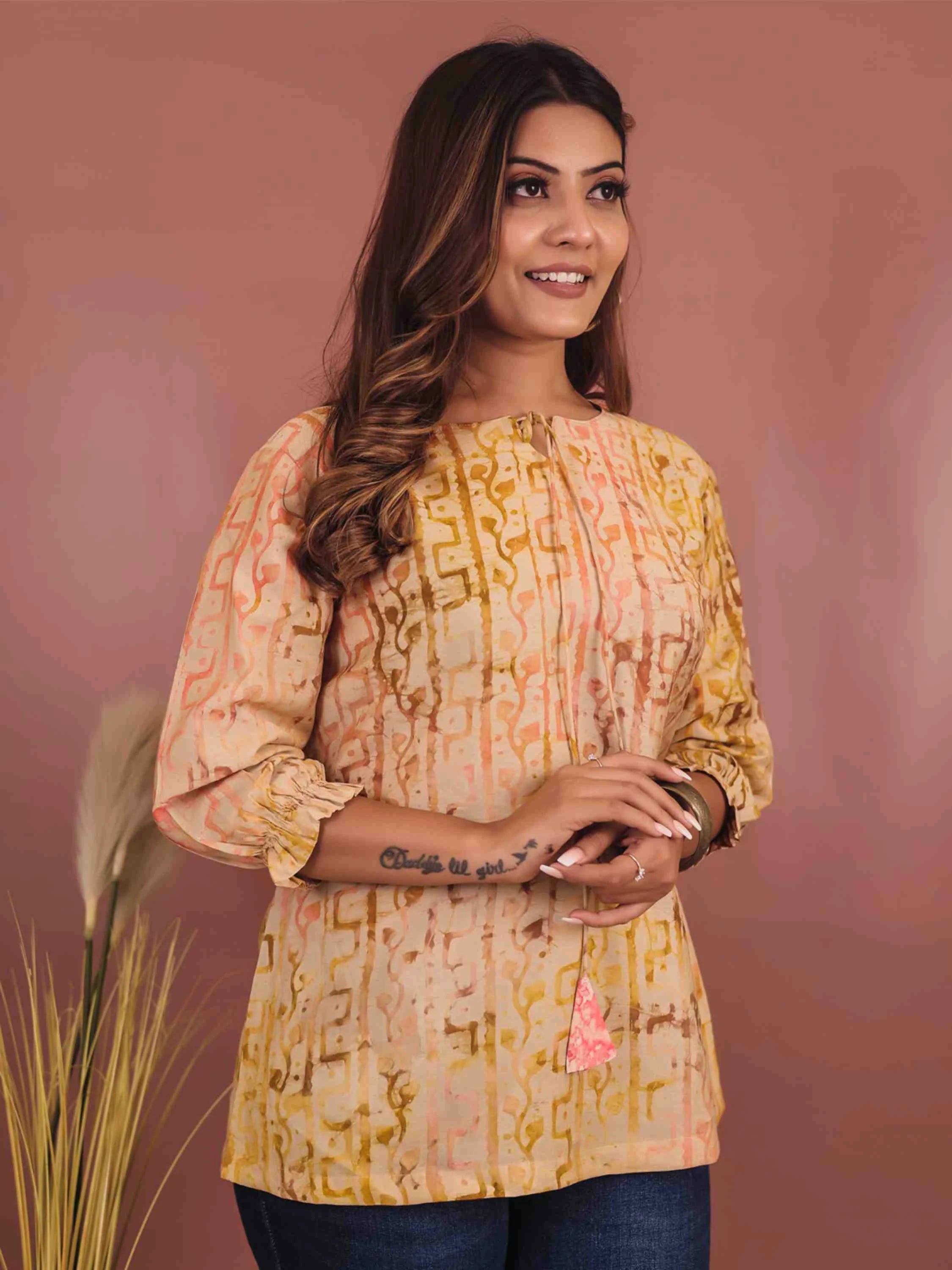 BEIGE VISCOSE HAND BATIK PRINTED TOP