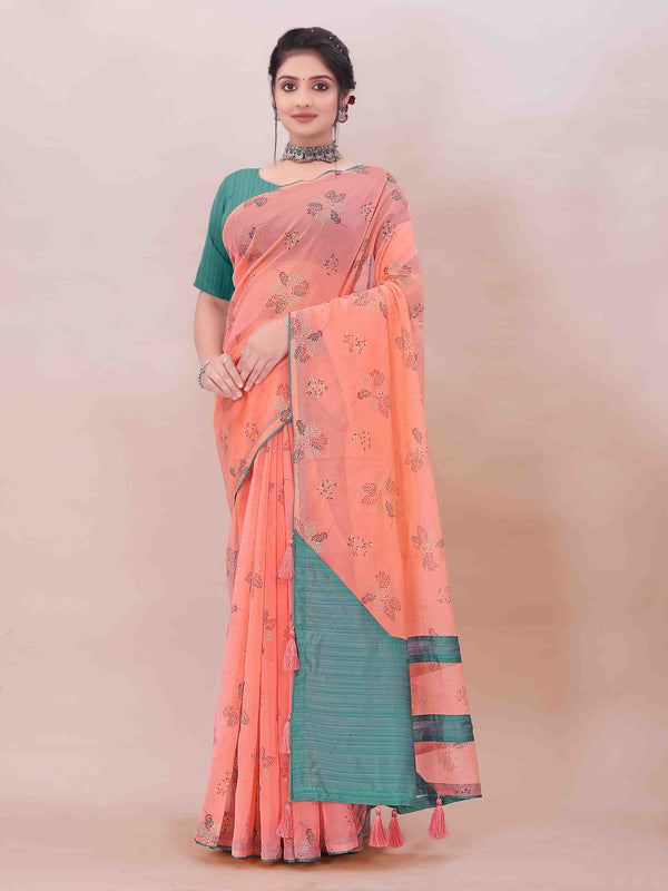 PEACH ORGANZA FOIL PRINTED SAREE