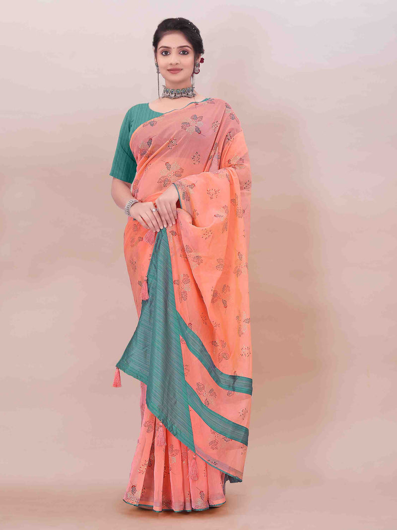 PEACH ORGANZA FOIL PRINTED SAREE