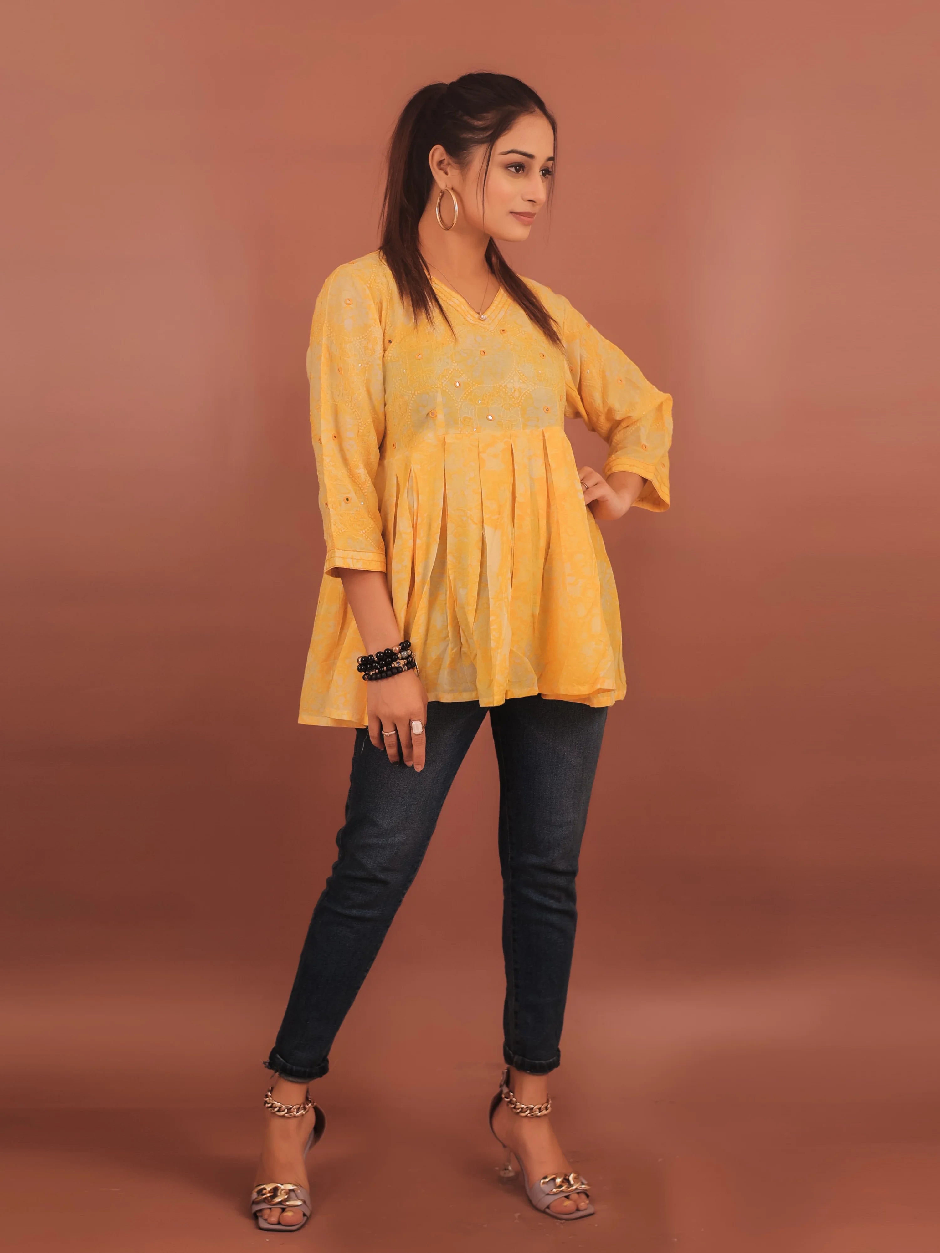 YELLOW VISCOSE HAND BATIK PRINTED TOP