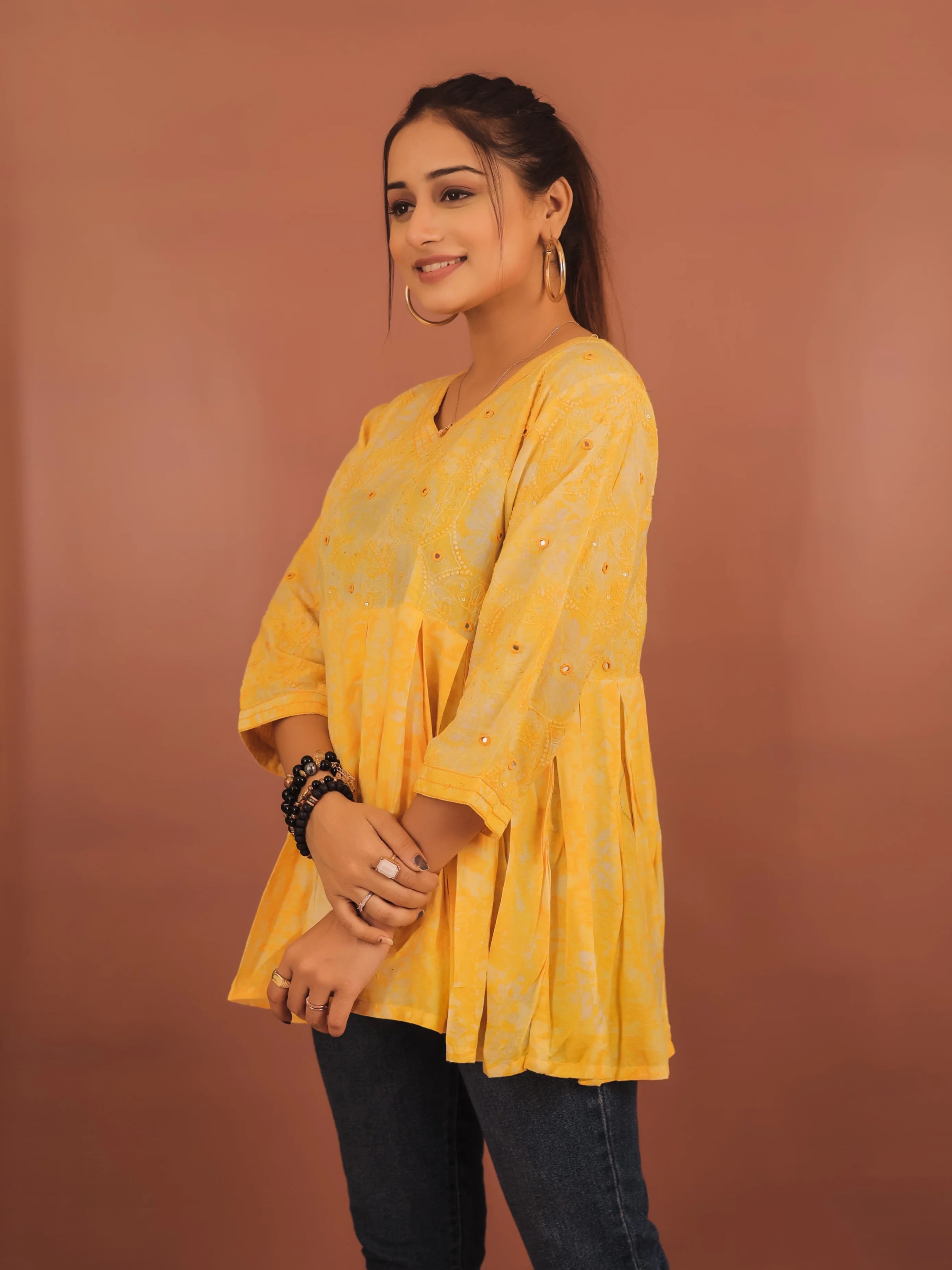 YELLOW VISCOSE HAND BATIK PRINTED TOP