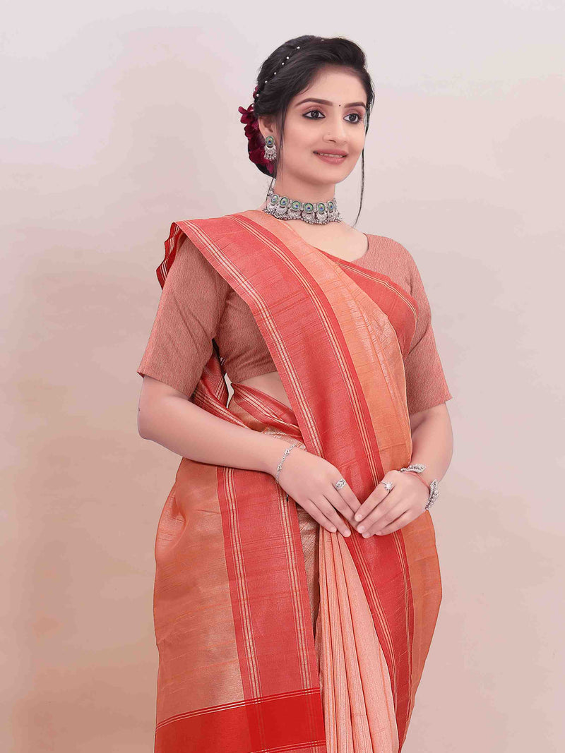 PEACH ART SILK SAREE WITH WEAVED BORDER