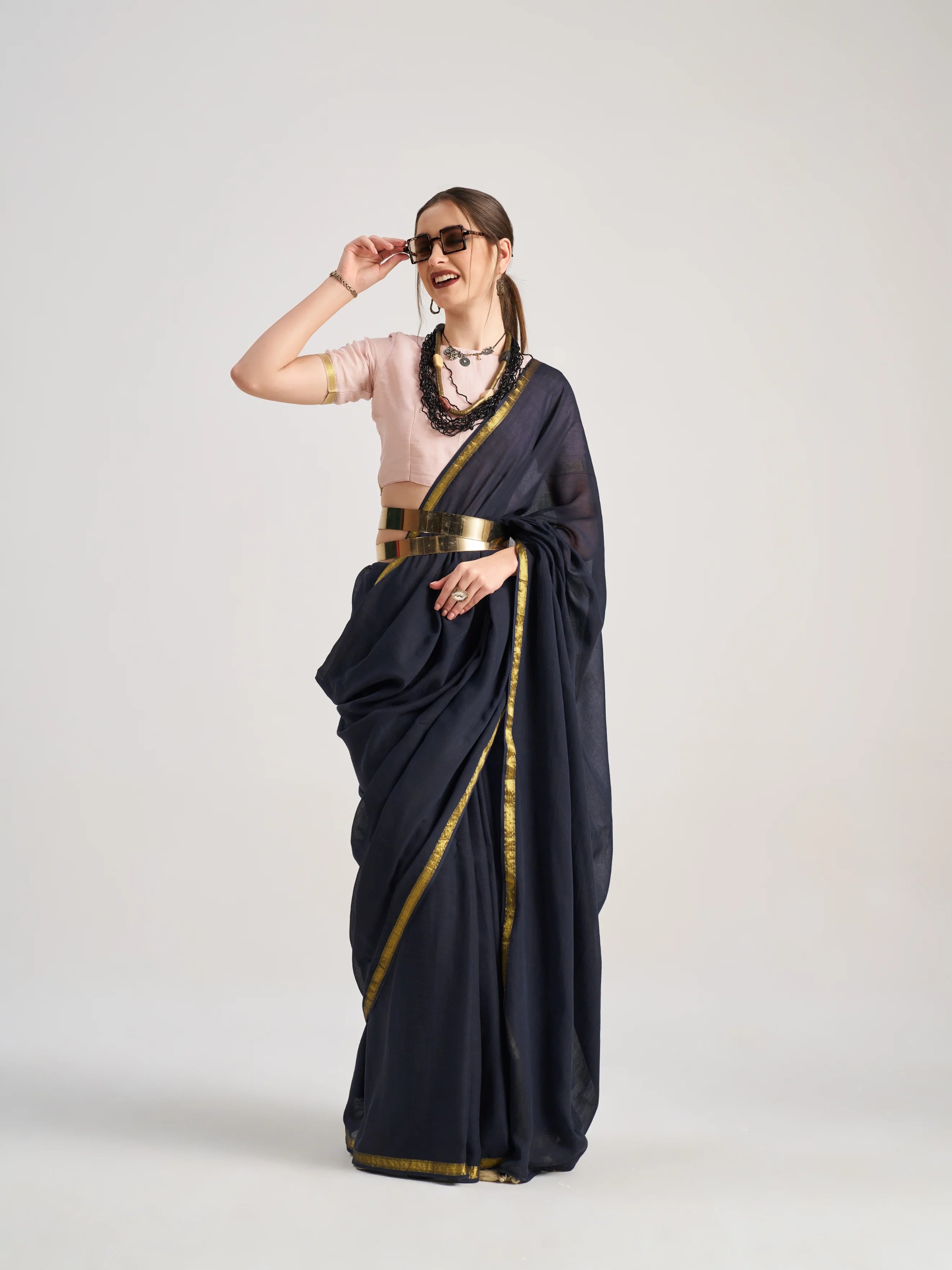 VISCOSE MULMUL DYED BLACK SAREE WITH BLOUSE