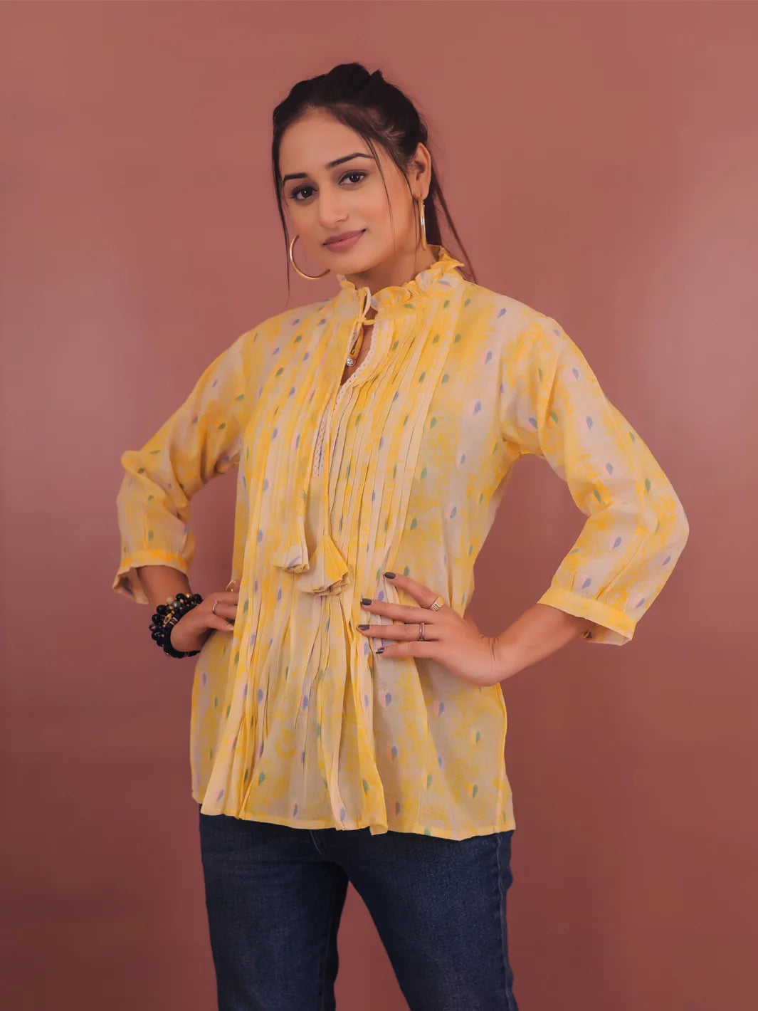 YELLOW VISCOSE HAND BATIK PRINTED TOP