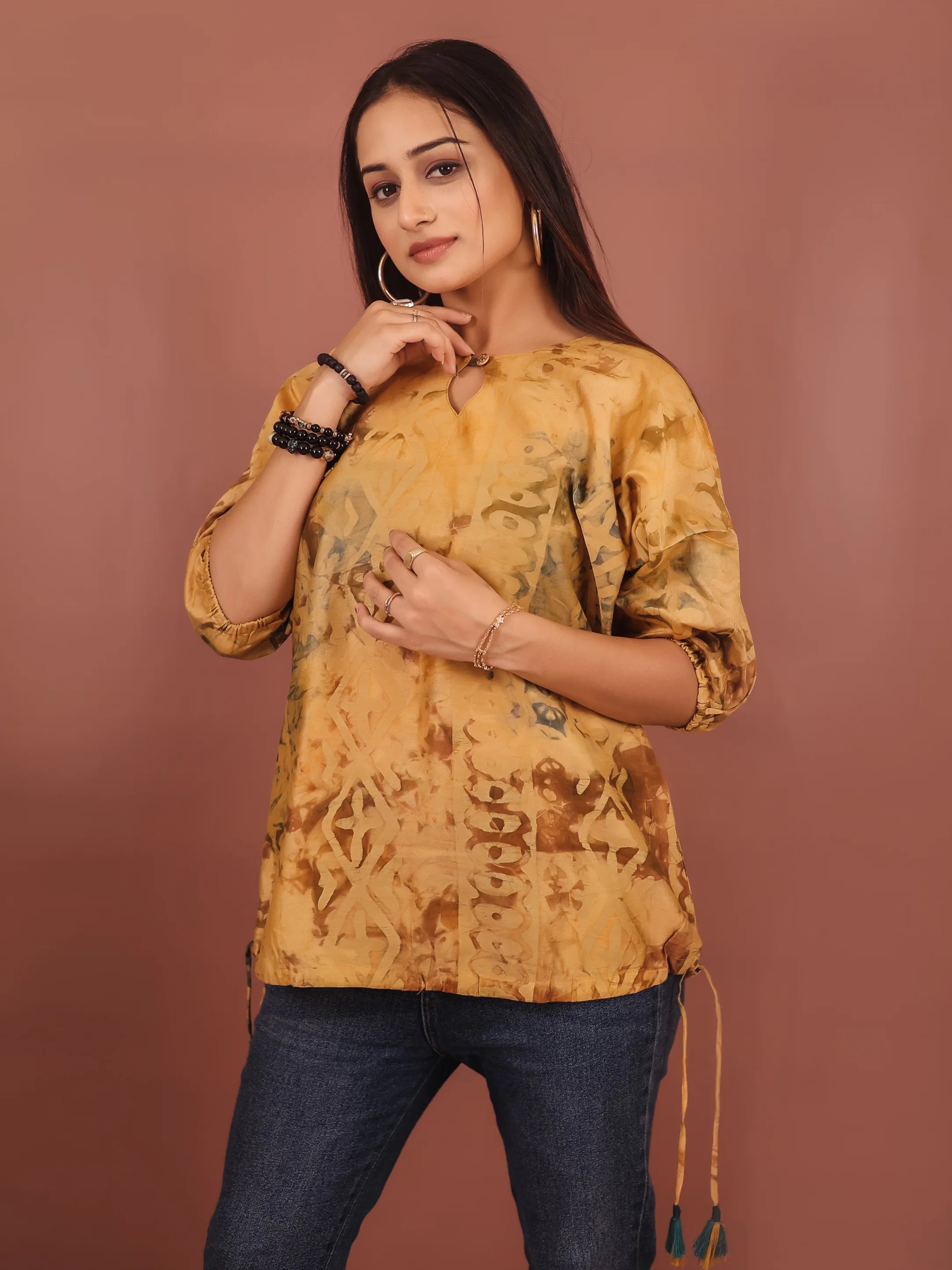 MUSTARD VISCOSE HAND BATIK PRINTED TOP