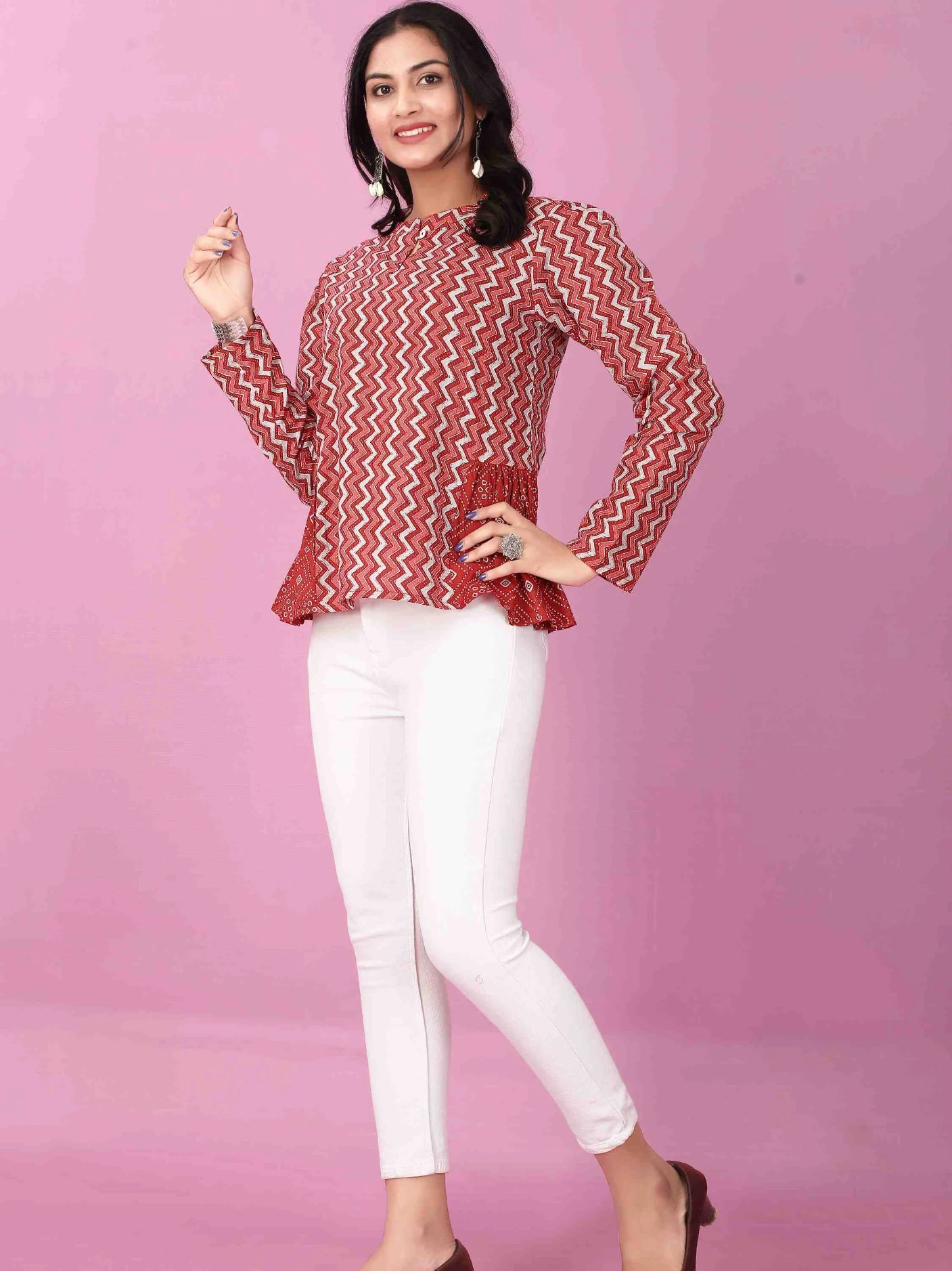 RED COTTON CHEVRON BANDHANI PRINTED TOP