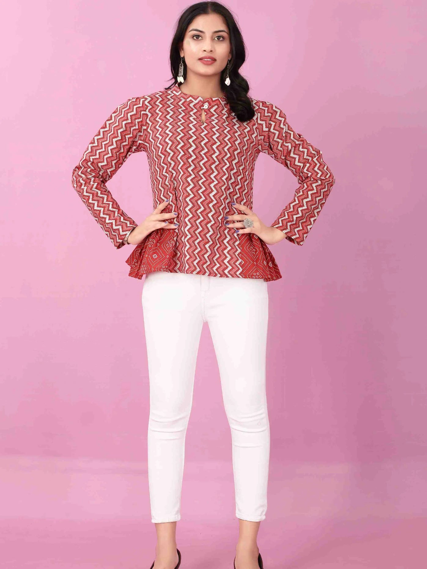 RED COTTON CHEVRON BANDHANI PRINTED TOP