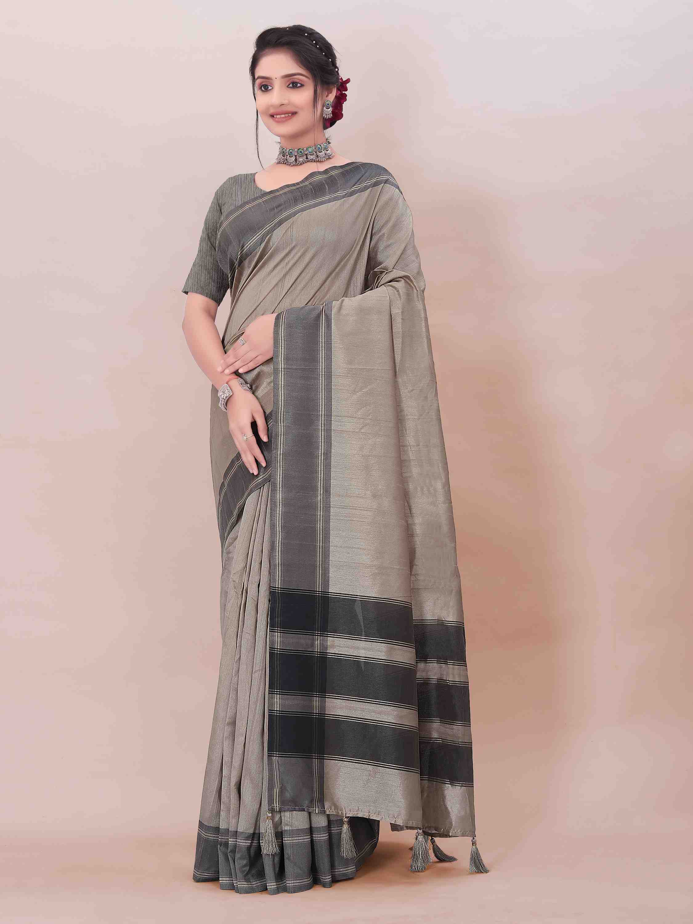 GREY ART SILK SAREE WITH WEAVED BORDER