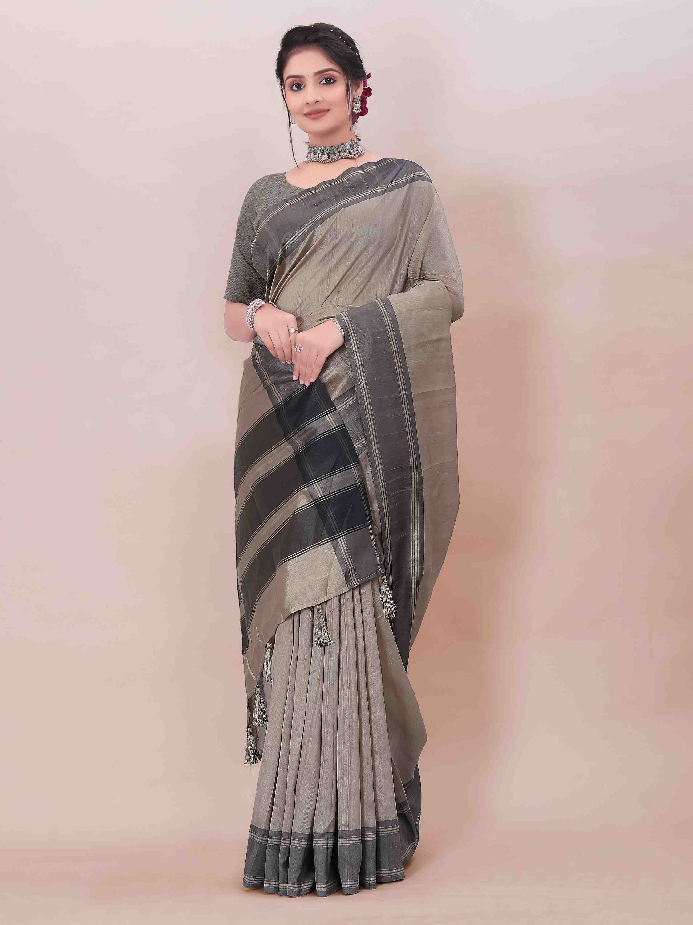 GREY ART SILK SAREE WITH WEAVED BORDER