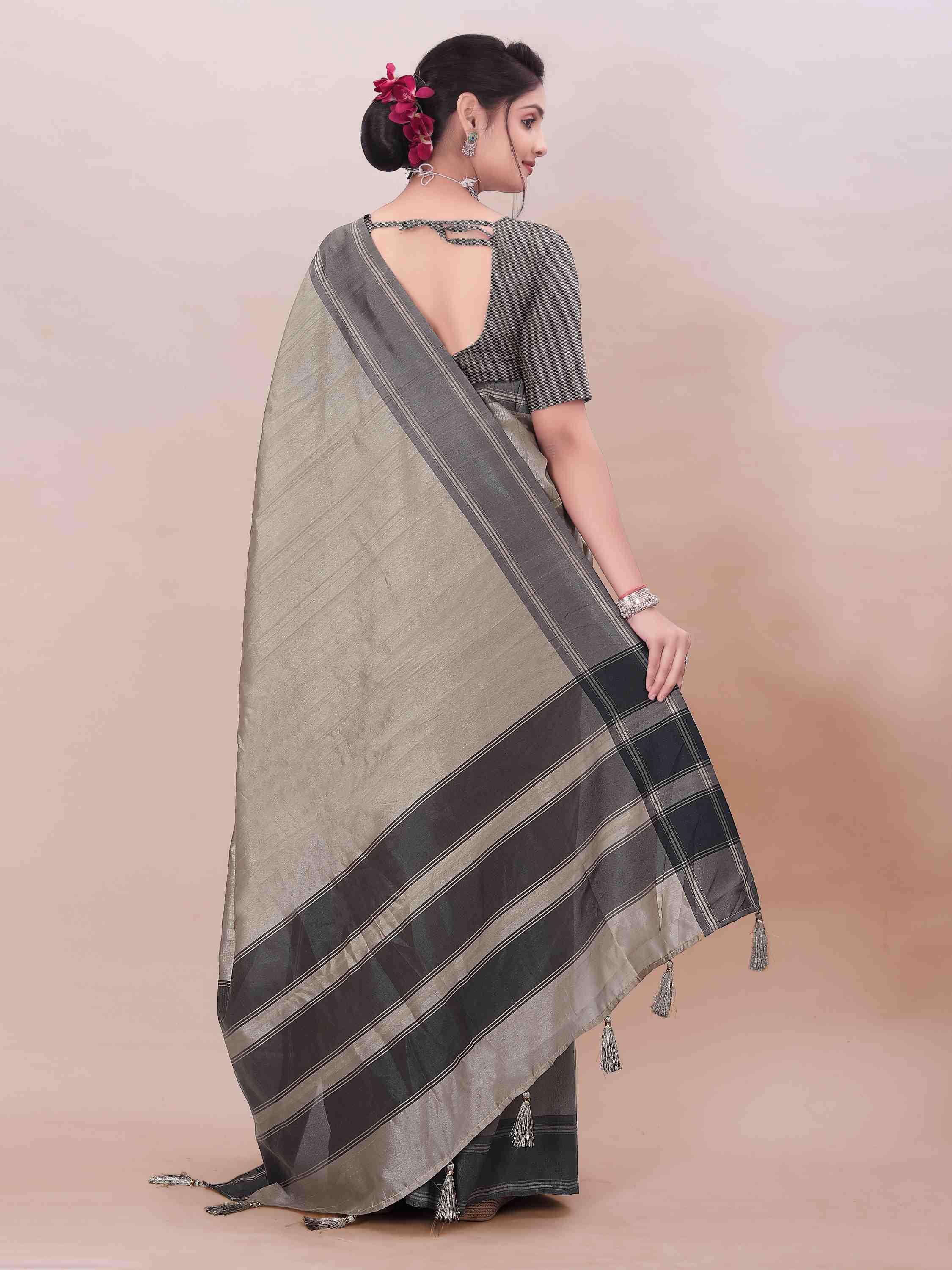 GREY ART SILK SAREE WITH WEAVED BORDER