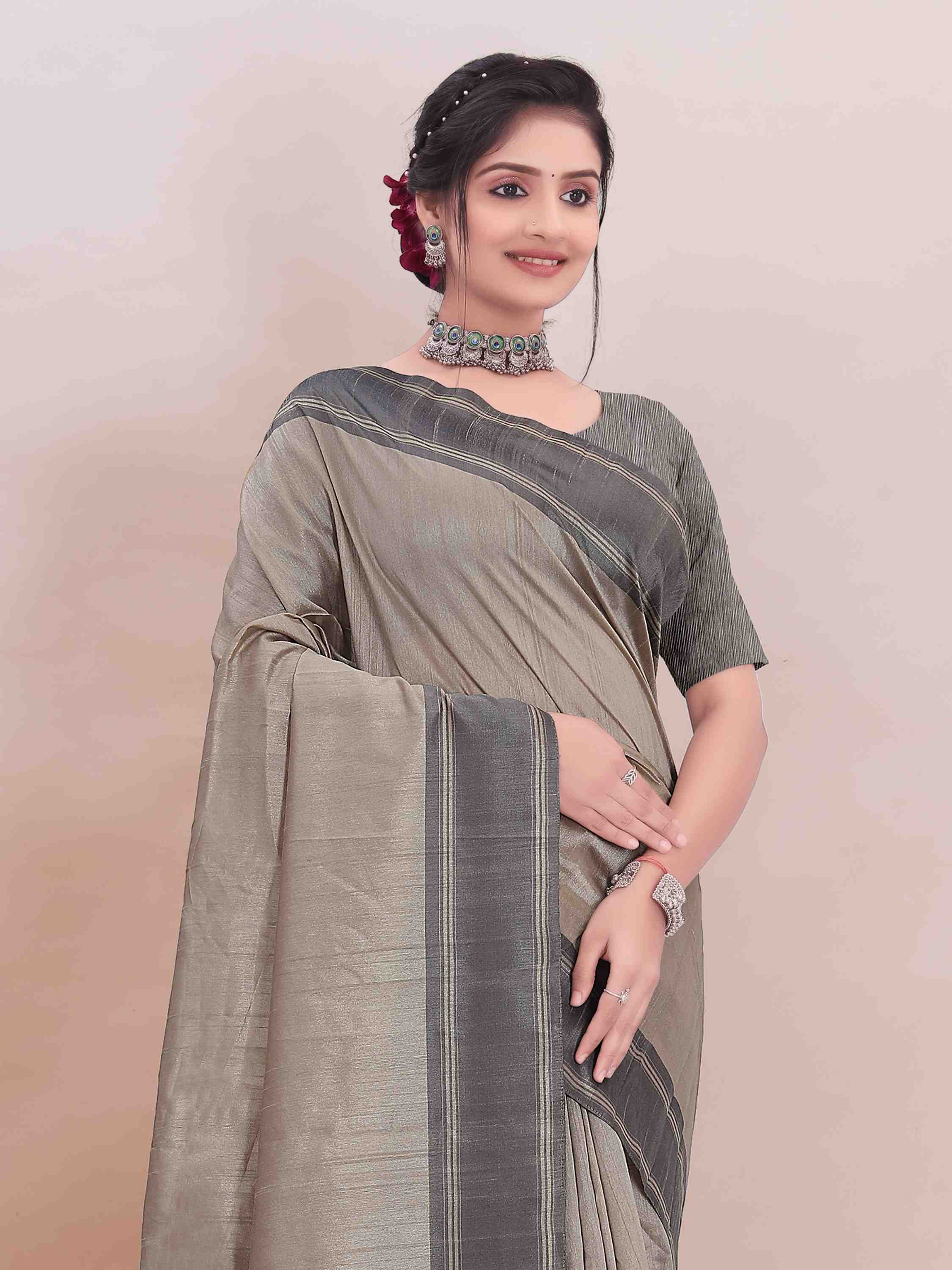 GREY ART SILK SAREE WITH WEAVED BORDER