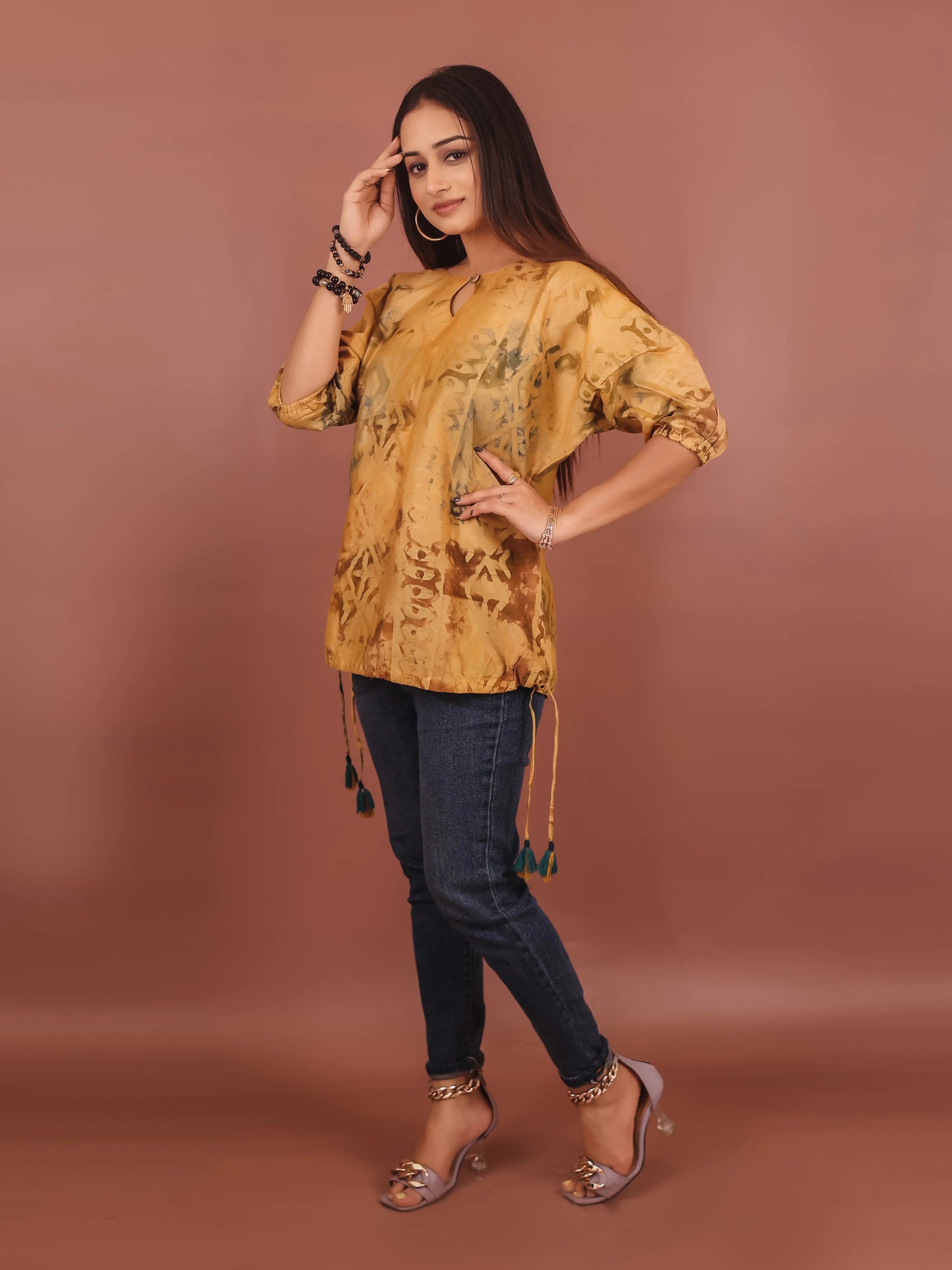 MUSTARD VISCOSE HAND BATIK PRINTED TOP