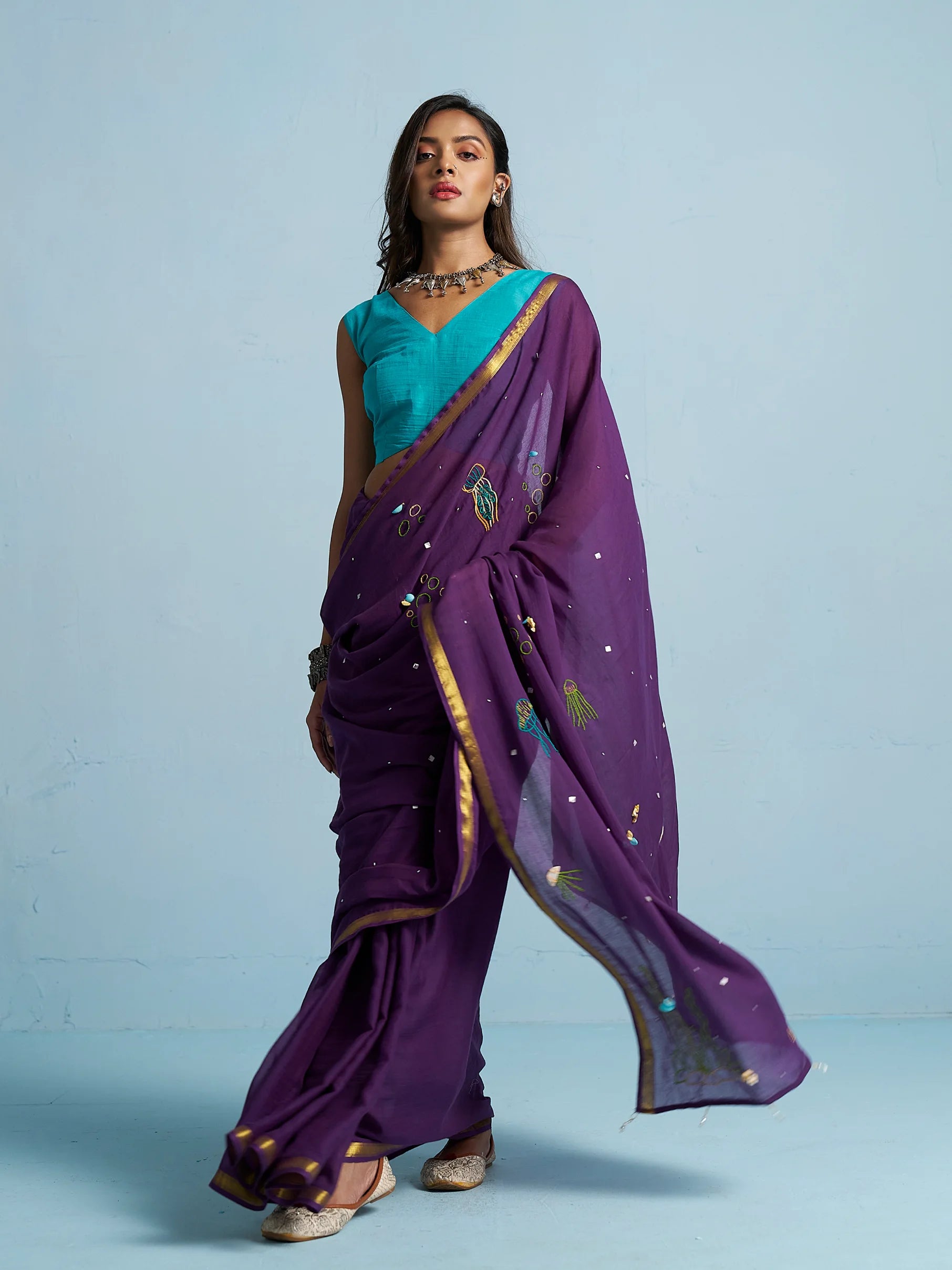 VISCOSE MUL AQUA SAREE WITH BLOUSE