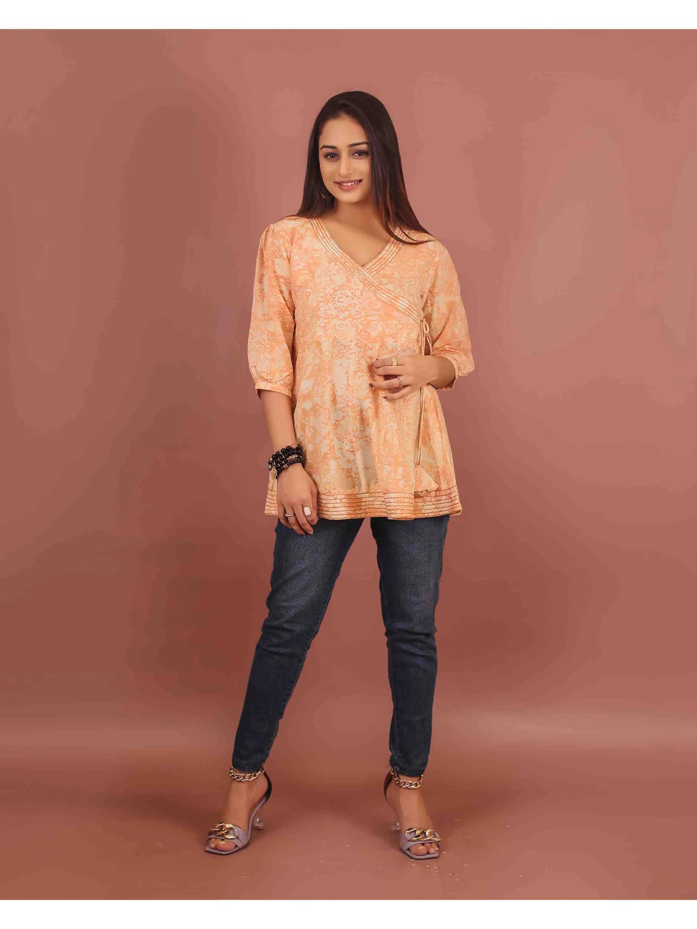 PEACH VISCOSE HAND BATIK PRINTED TOP