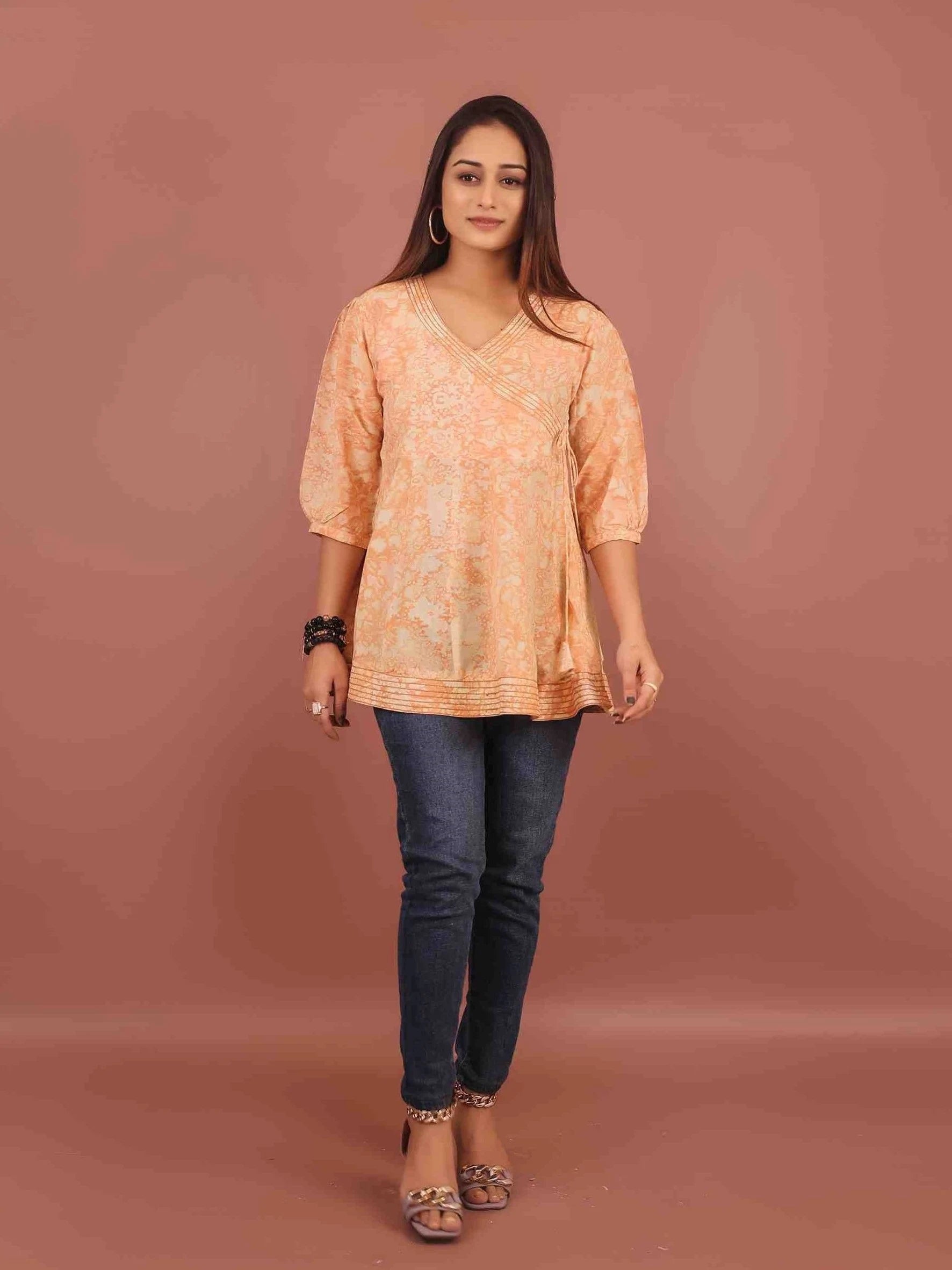 PEACH VISCOSE HAND BATIK PRINTED TOP