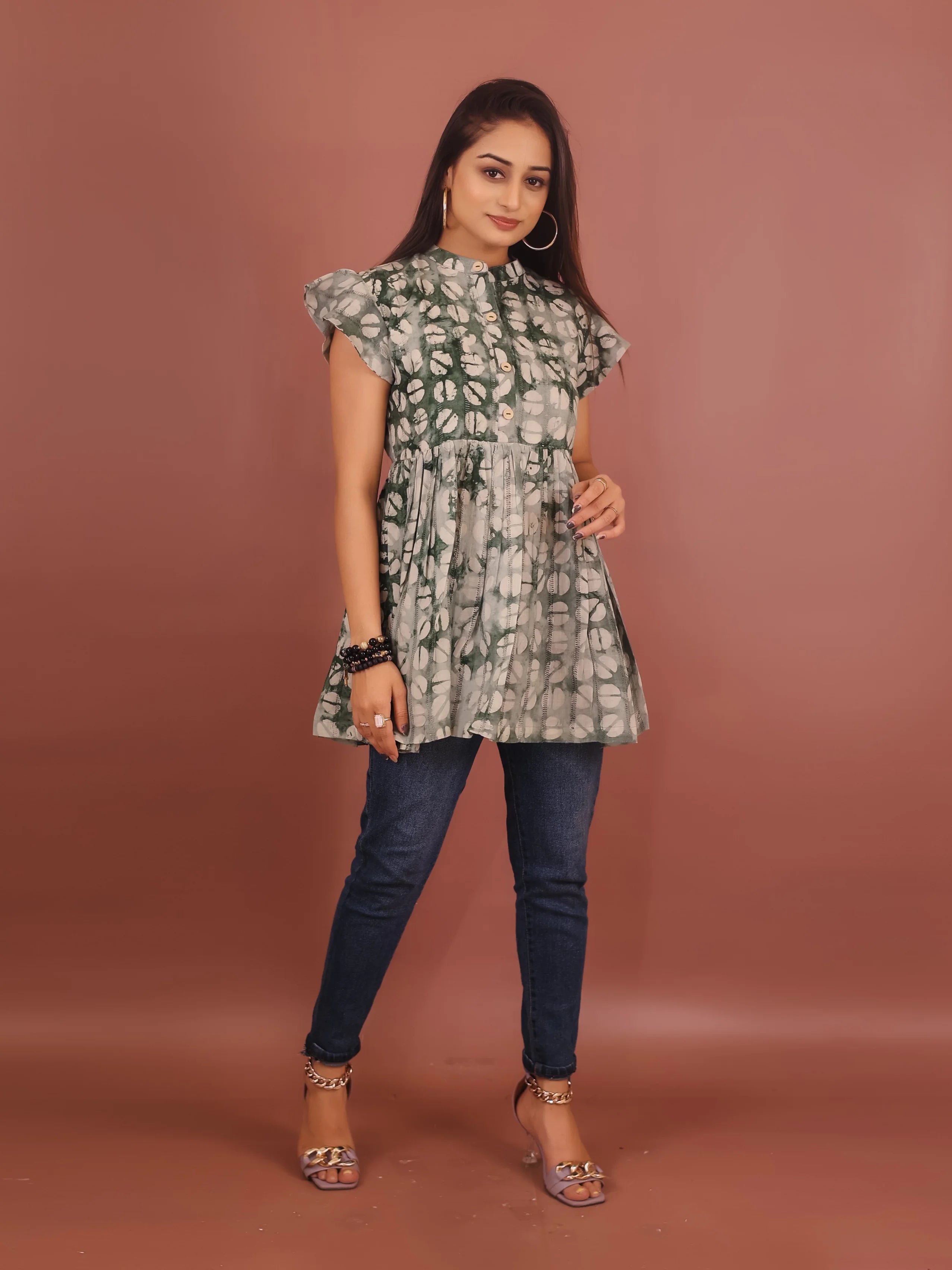 GREEN AND BEIGE VISCOSE HAND BATIK PRINTED TUNIC